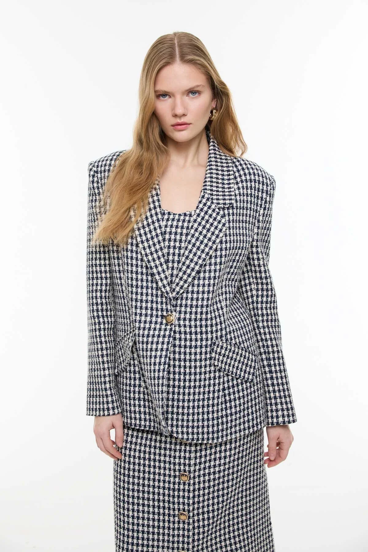 Kazayağı Desenli Kruvaze Ceket Lacivert - Beyaz - 1