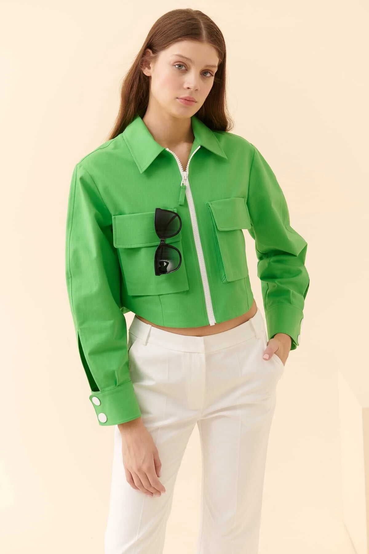 Fermuarlı Cep Detaylı Mont Yeşil - 3