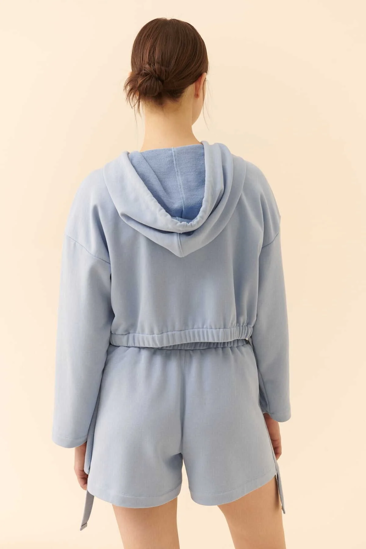 Kapüşonlu Fermuarlı Kısa Boy Sweatshirt Mavi - 2