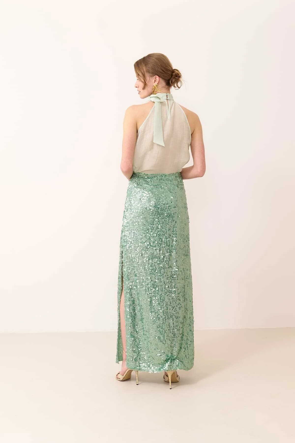 Yandan Yırtmaçlı Payet Etek Mint - 2