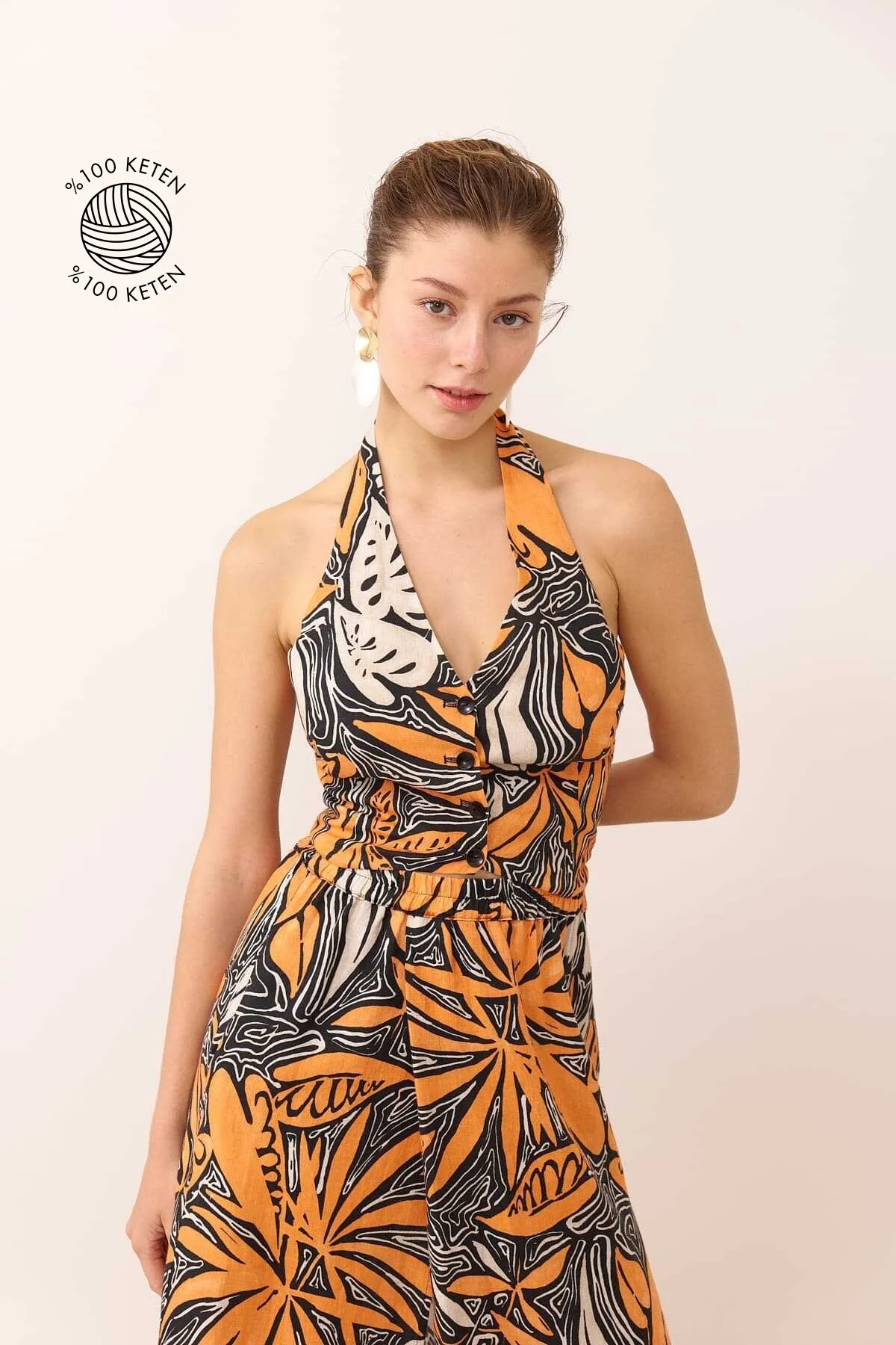 Boyundan Askılı Önden Düğmeli Keten Yelek Standart Renk - 1