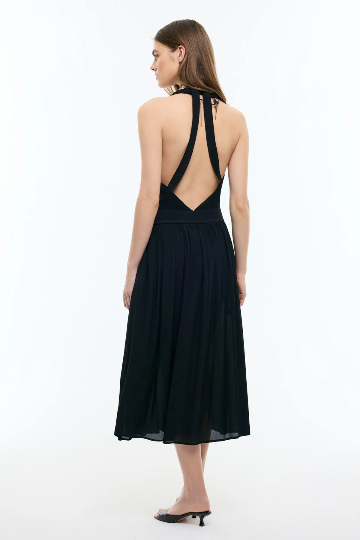 Boyundan Geçmeli Sırt Dekolteli Kruvaze Midi Boy Elbise Siyah - 2