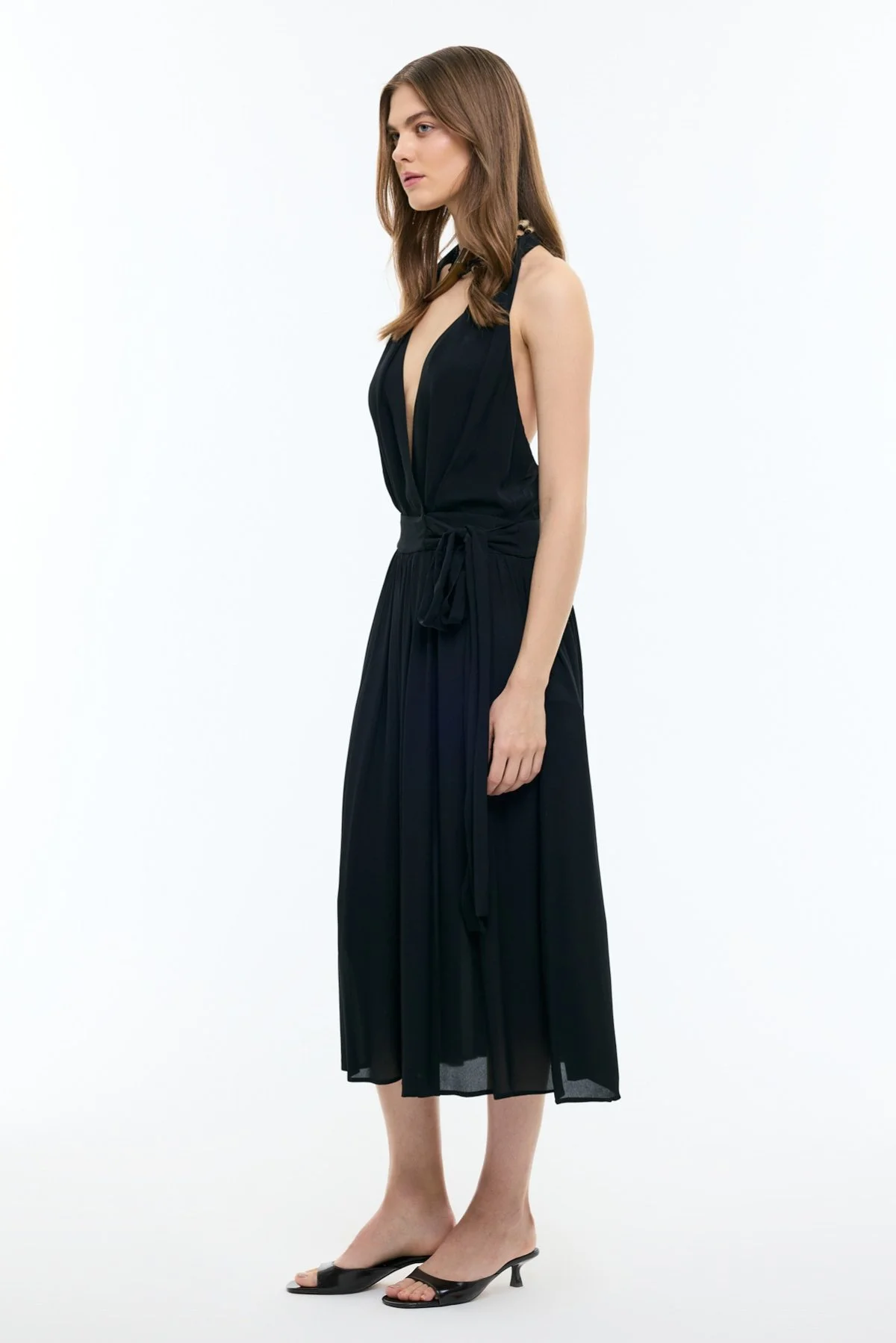 Boyundan Geçmeli Sırt Dekolteli Kruvaze Midi Boy Elbise Siyah - 3