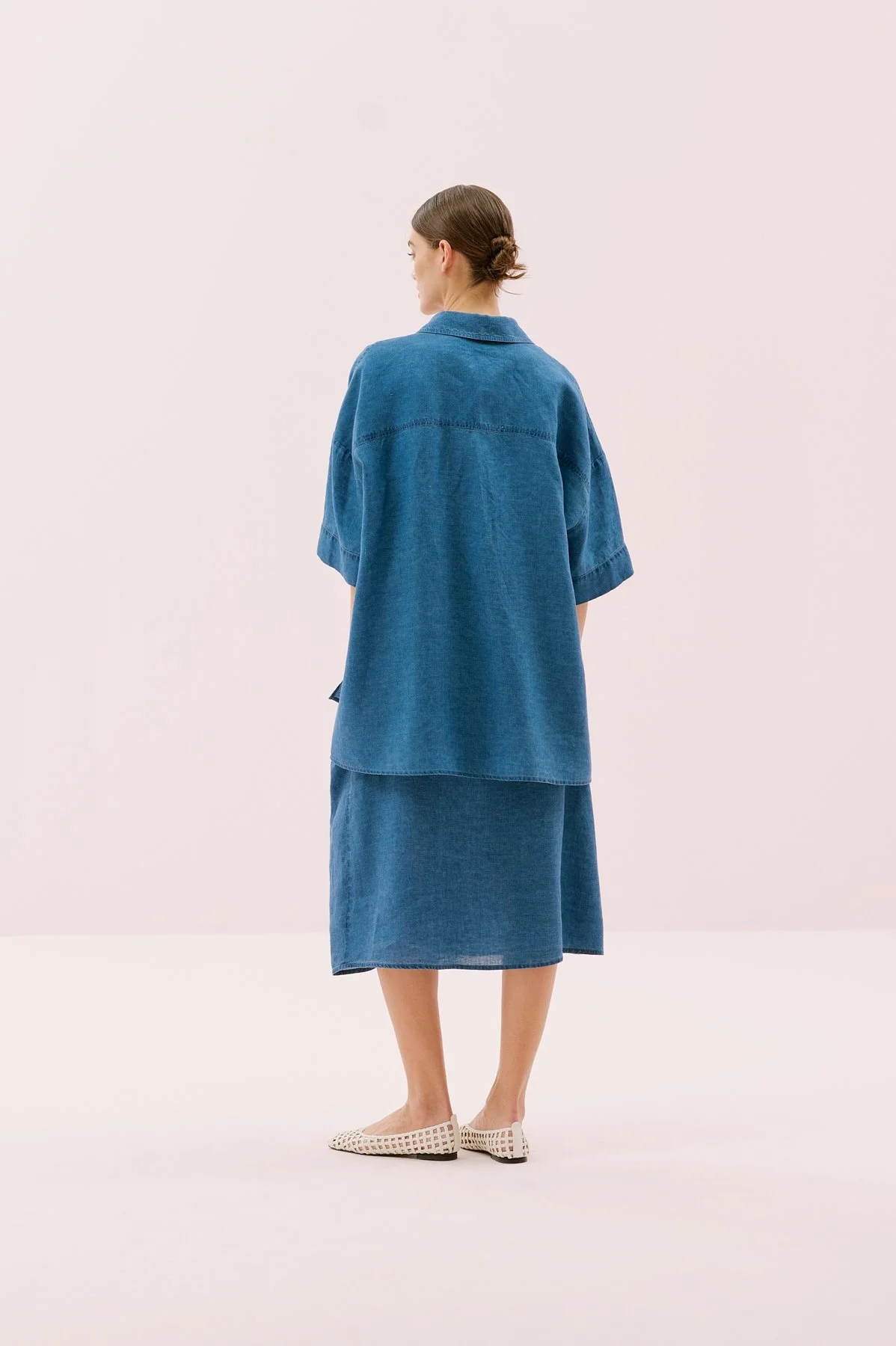 Oversize Kısa Kol Keten Gömlek İndigo - 2