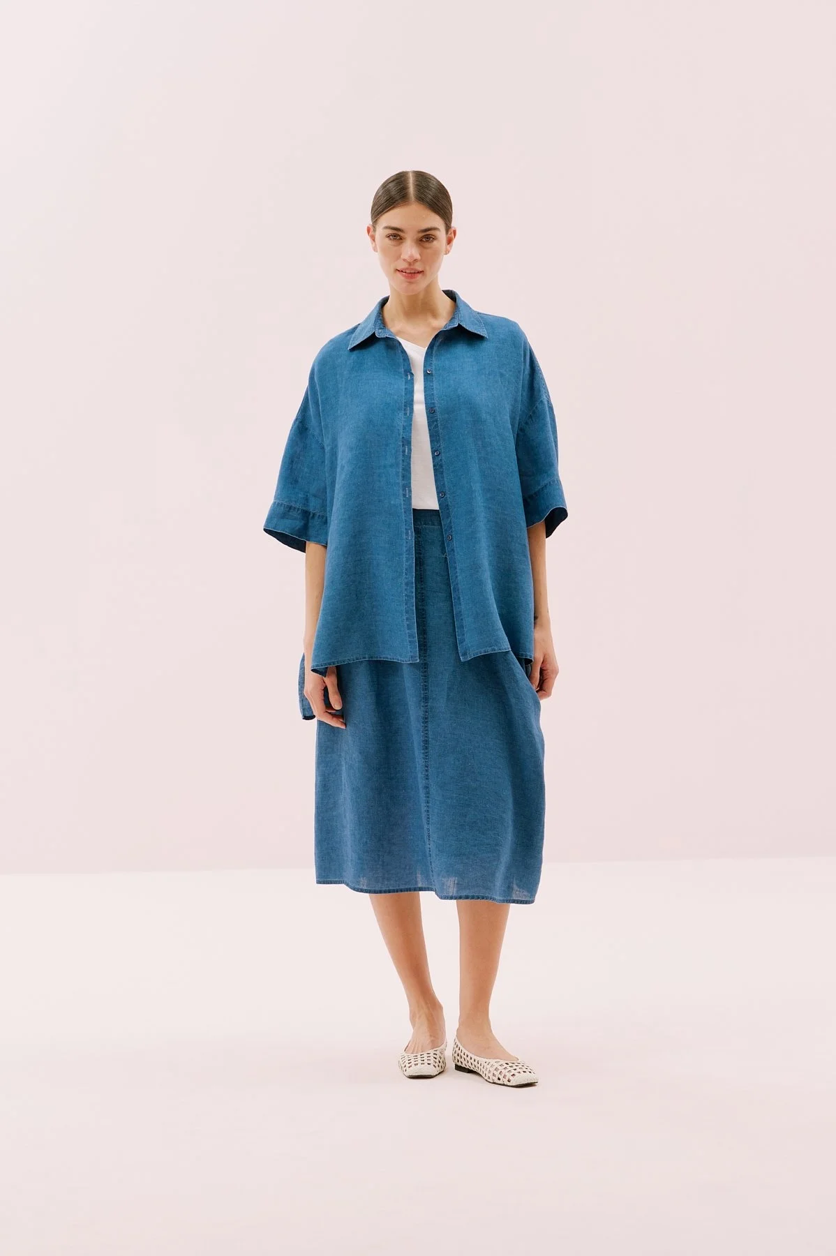 Oversize Kısa Kol Keten Gömlek İndigo - 4