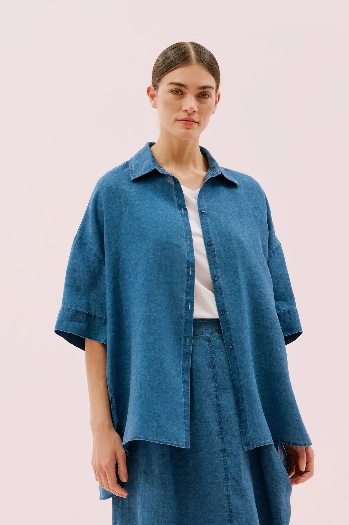 Oversize Kısa Kol Keten Gömlek İndigo - 1
