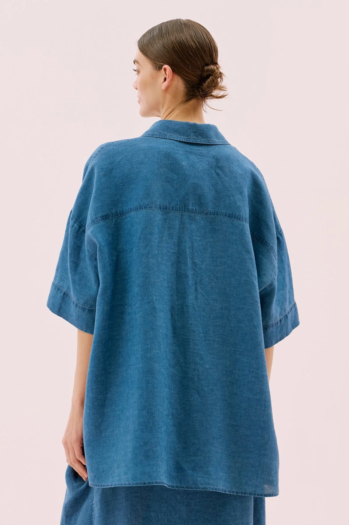 Oversize Kısa Kol Keten Gömlek İndigo - 3