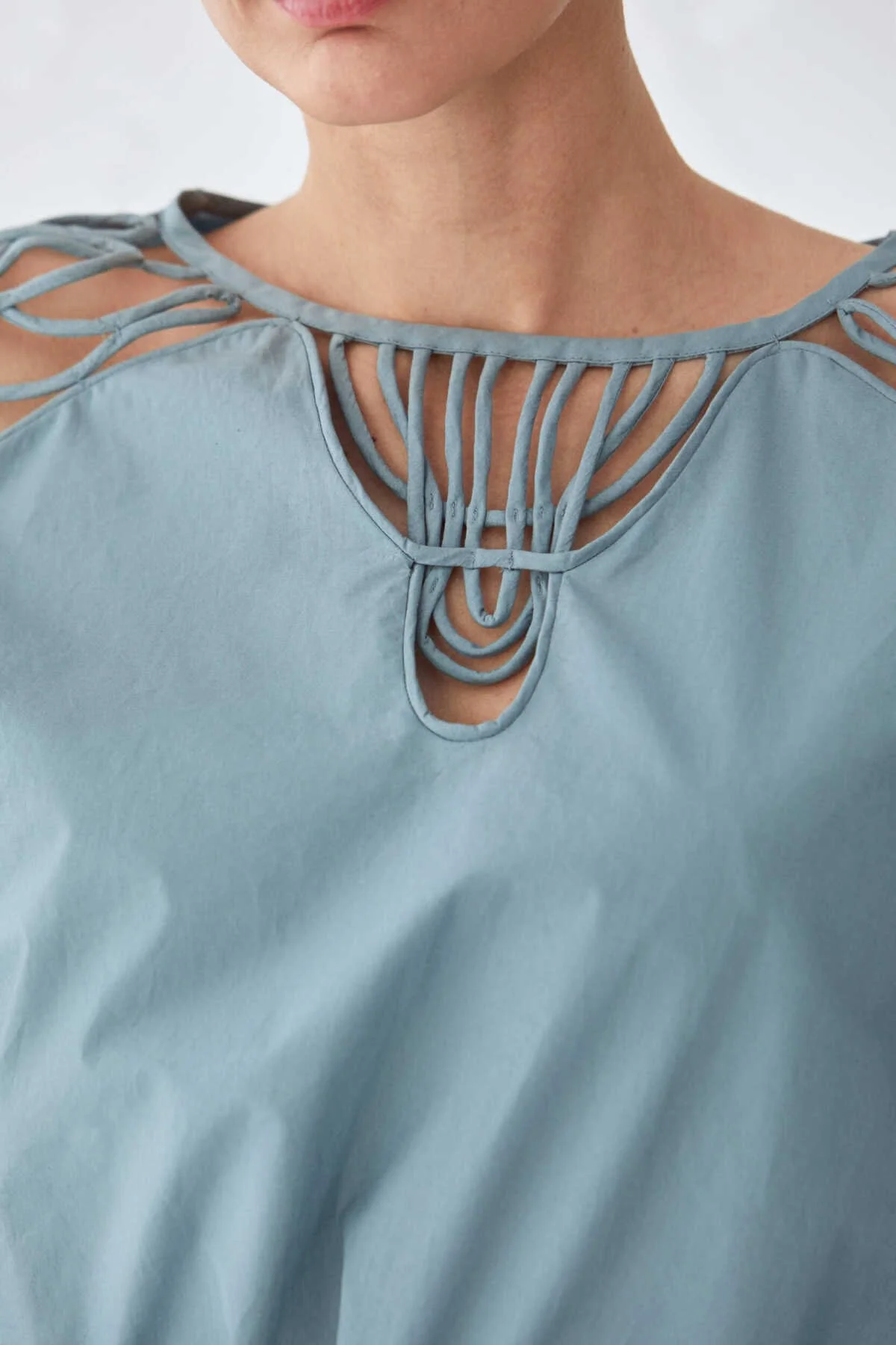 Yaka Detaylı Günlük Elbise Gri - Mavi - 3