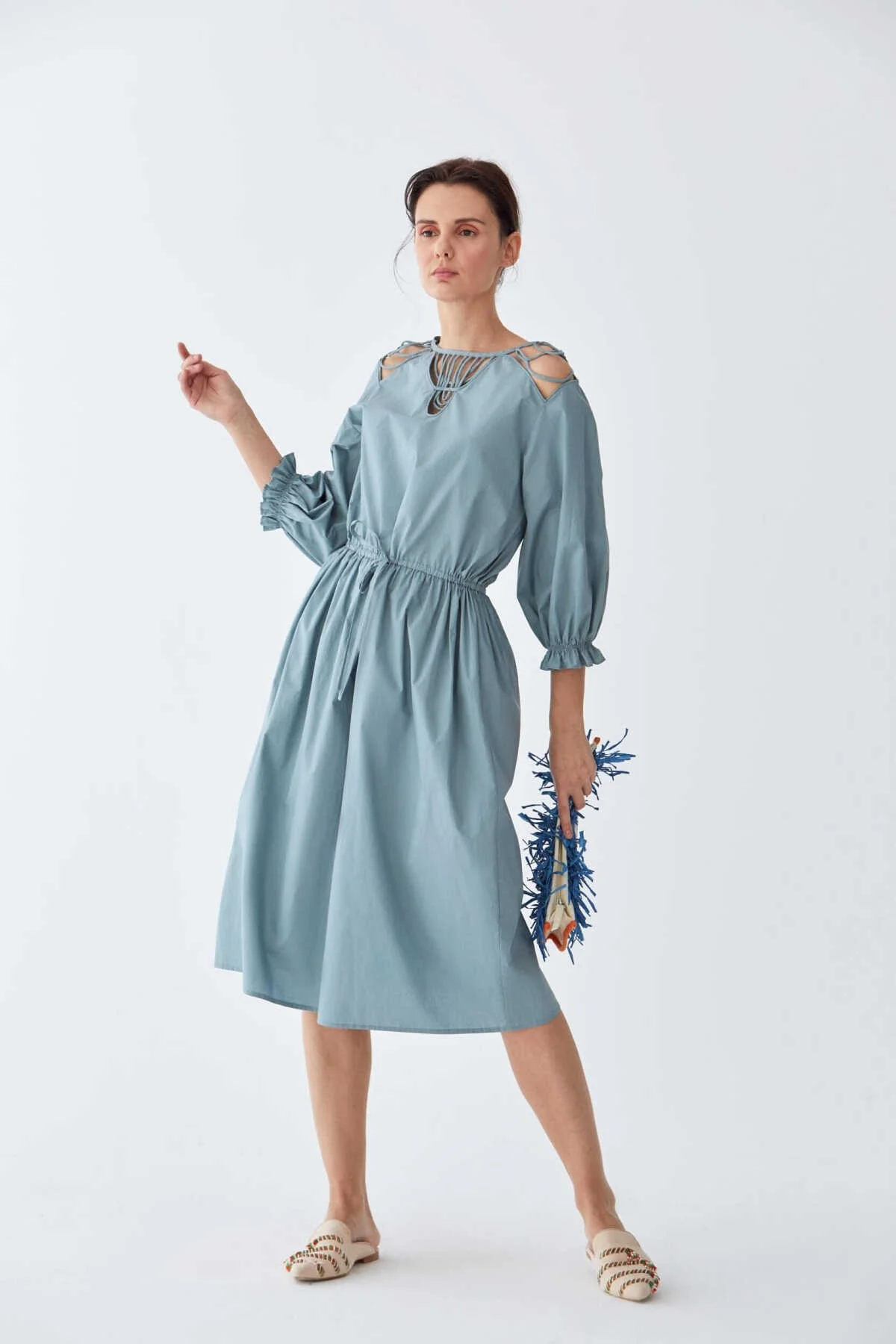 Yaka Detaylı Günlük Elbise Gri - Mavi - 4