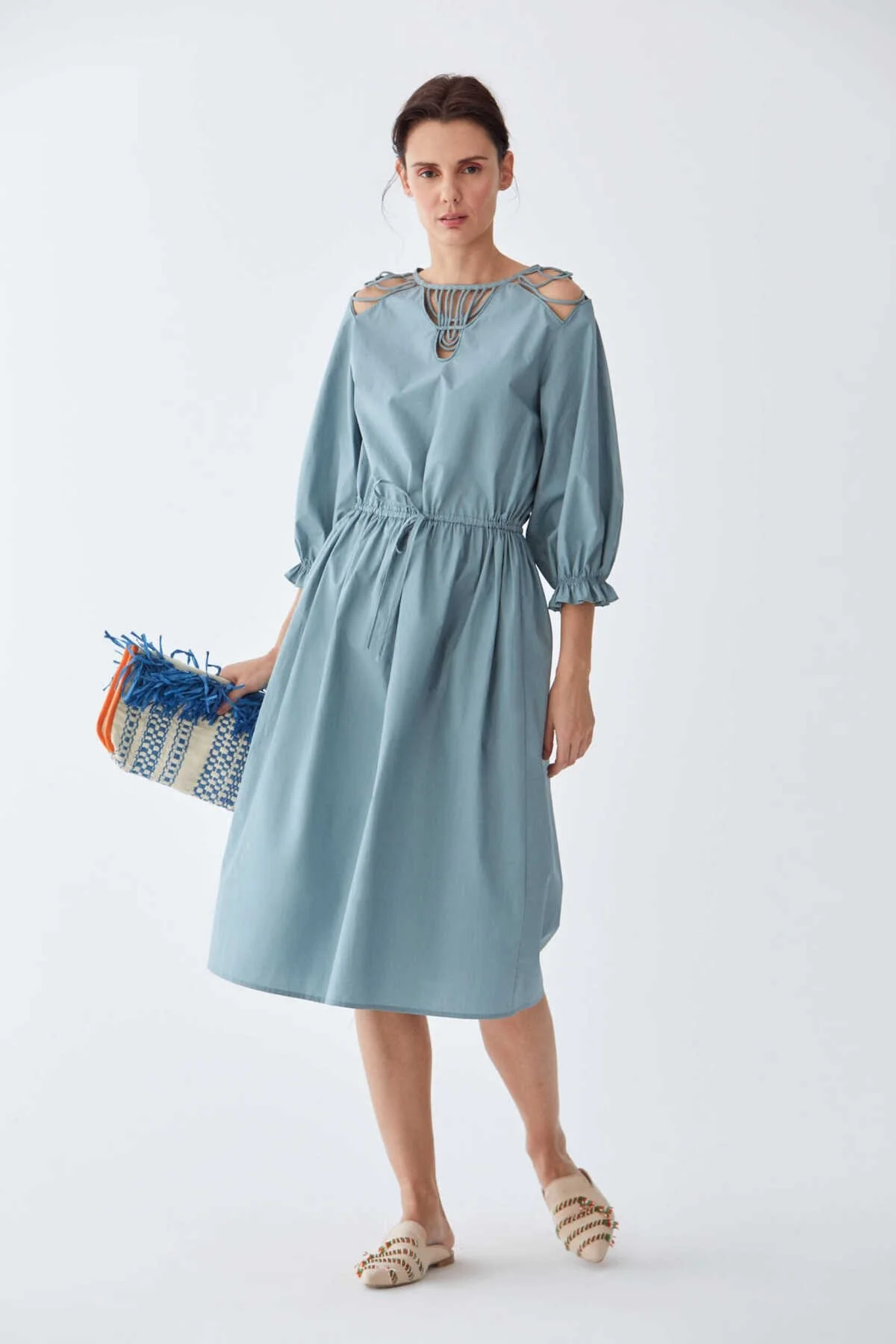 Yaka Detaylı Günlük Elbise Gri - Mavi - 1
