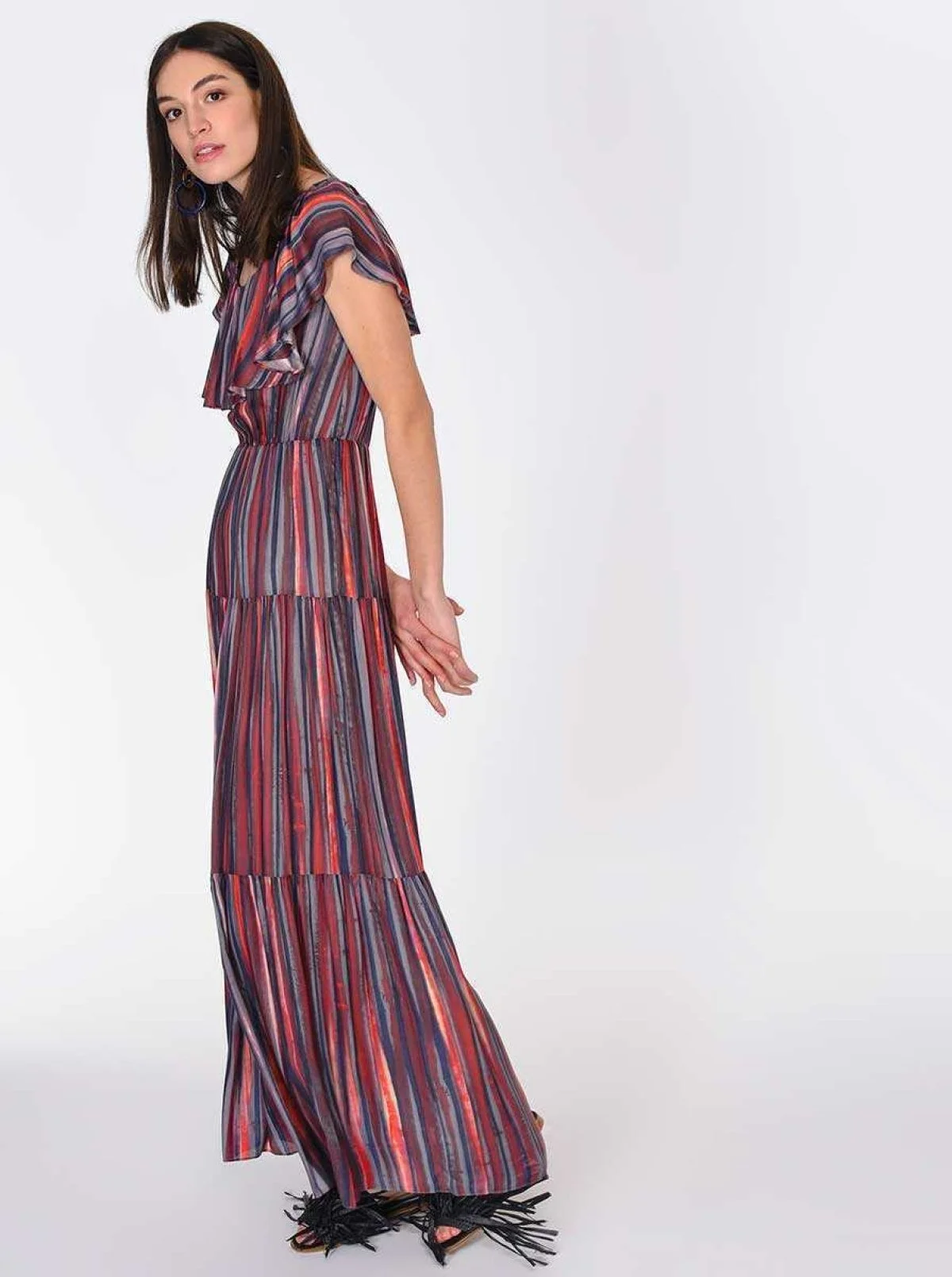 Yaka Volanlı Çizgili Uzun Elbise Standart Renk - 3