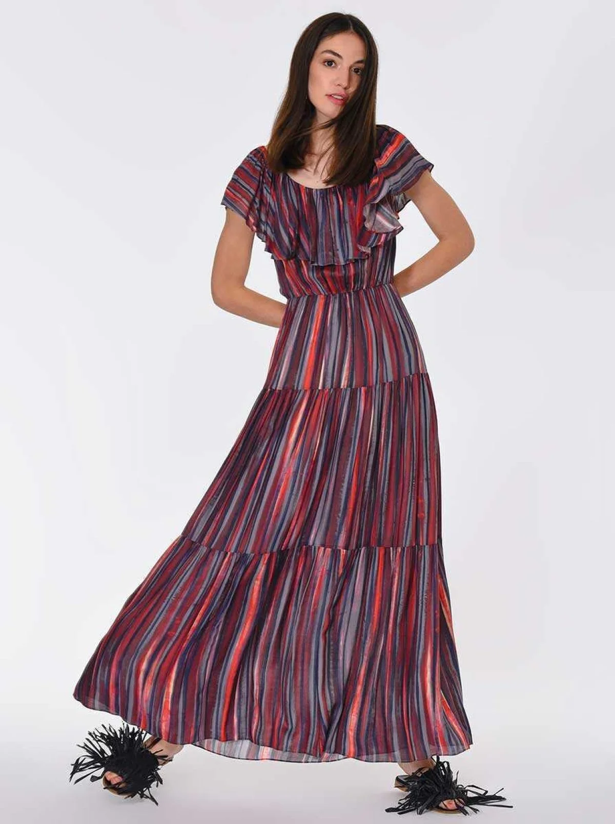 Yaka Volanlı Çizgili Uzun Elbise Standart Renk - 4