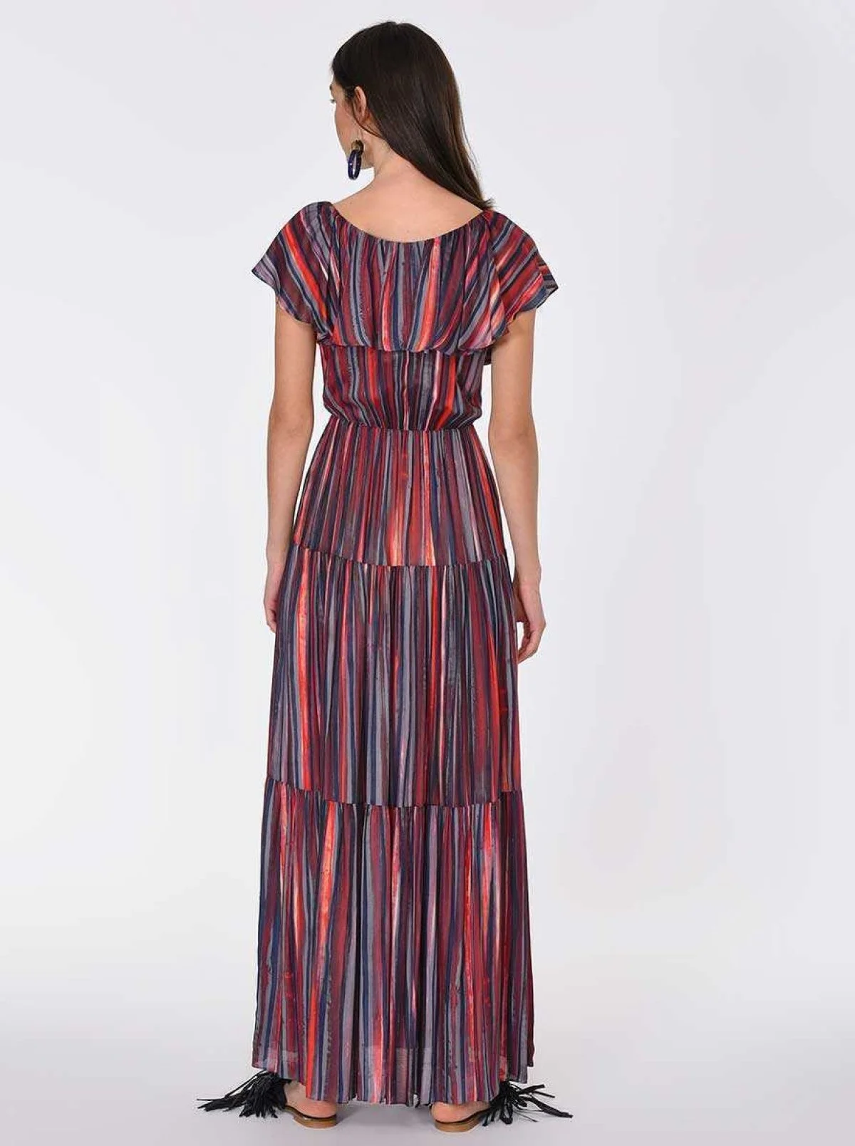 Yaka Volanlı Çizgili Uzun Elbise Standart Renk - 2