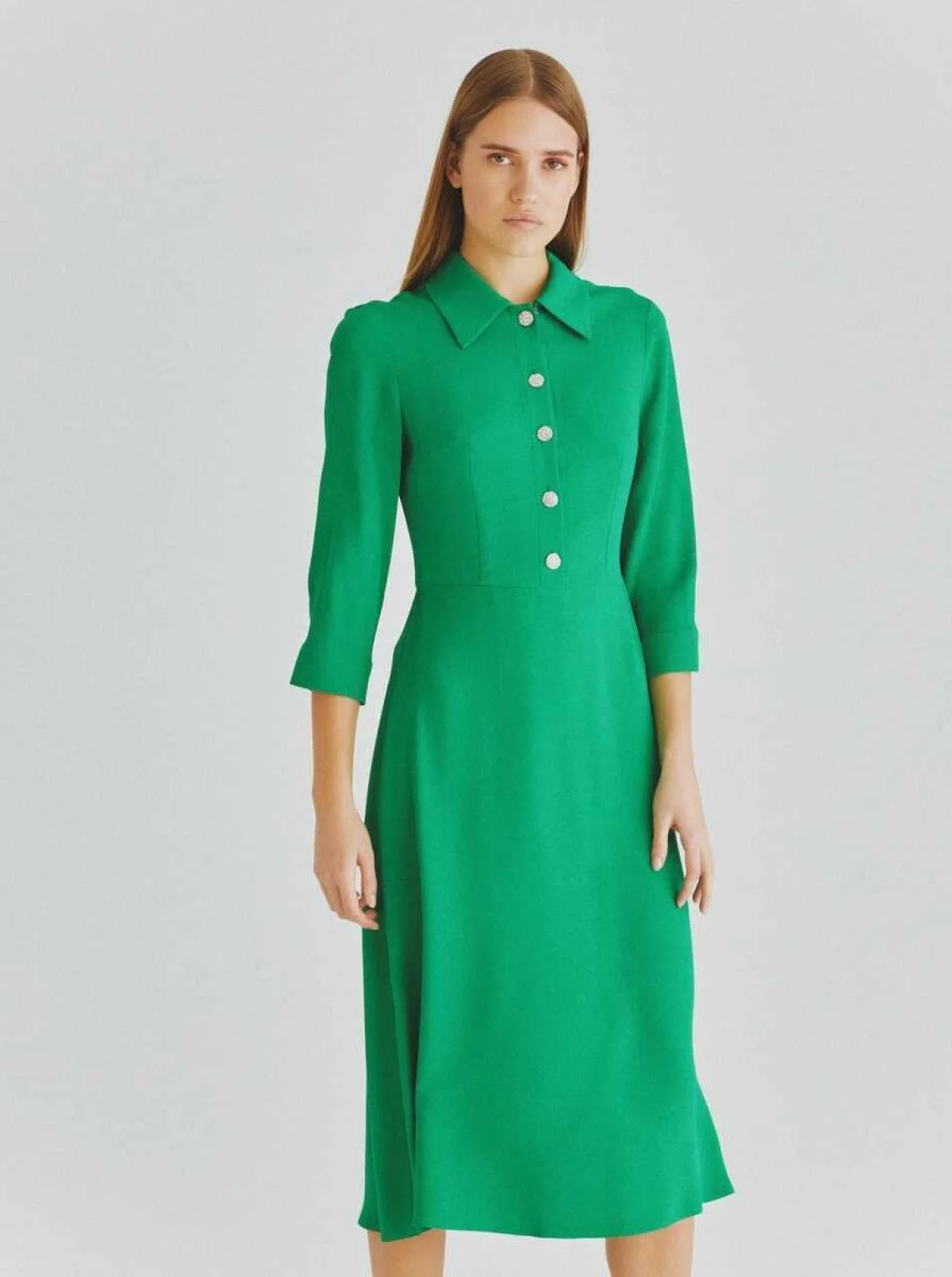  Yakalı Düğme Detaylı Günlük Elbise Yeşil - 1