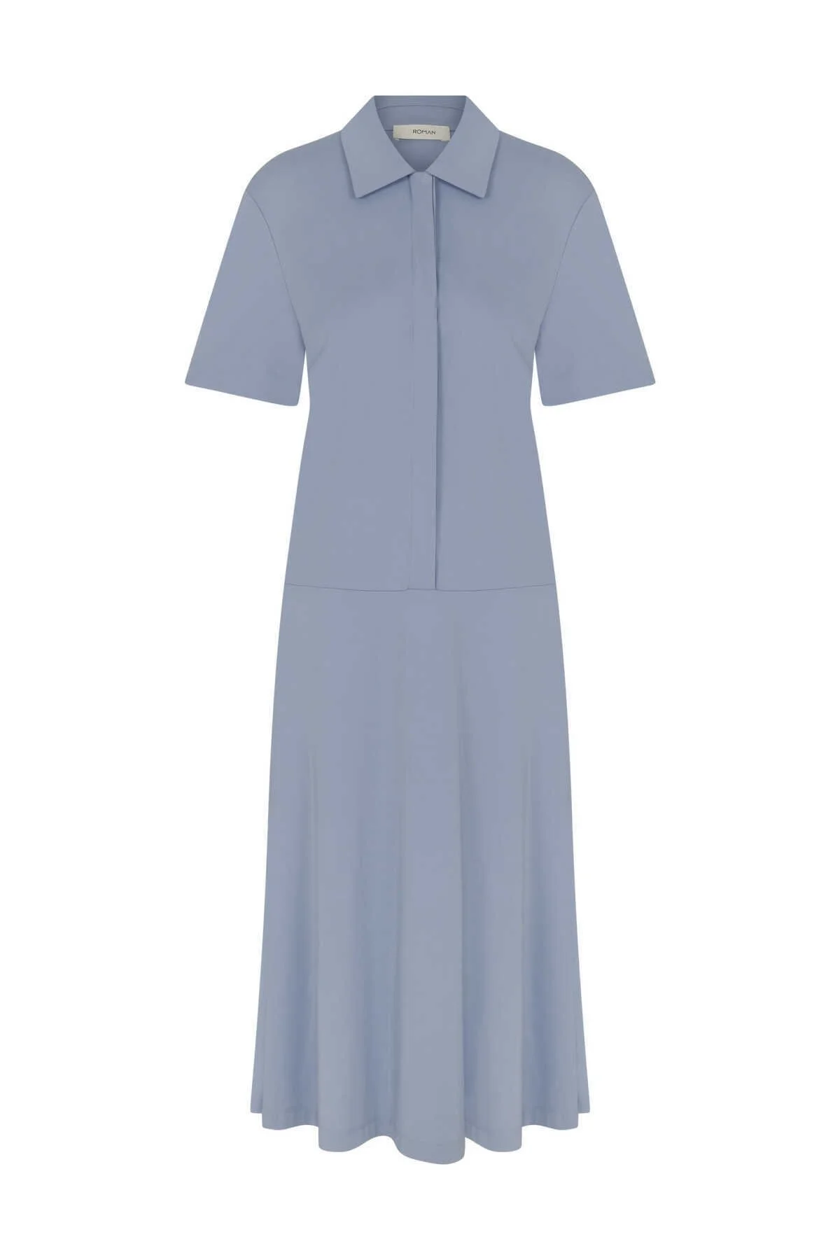 Yakalı Uzun Elbise Mavi - 4