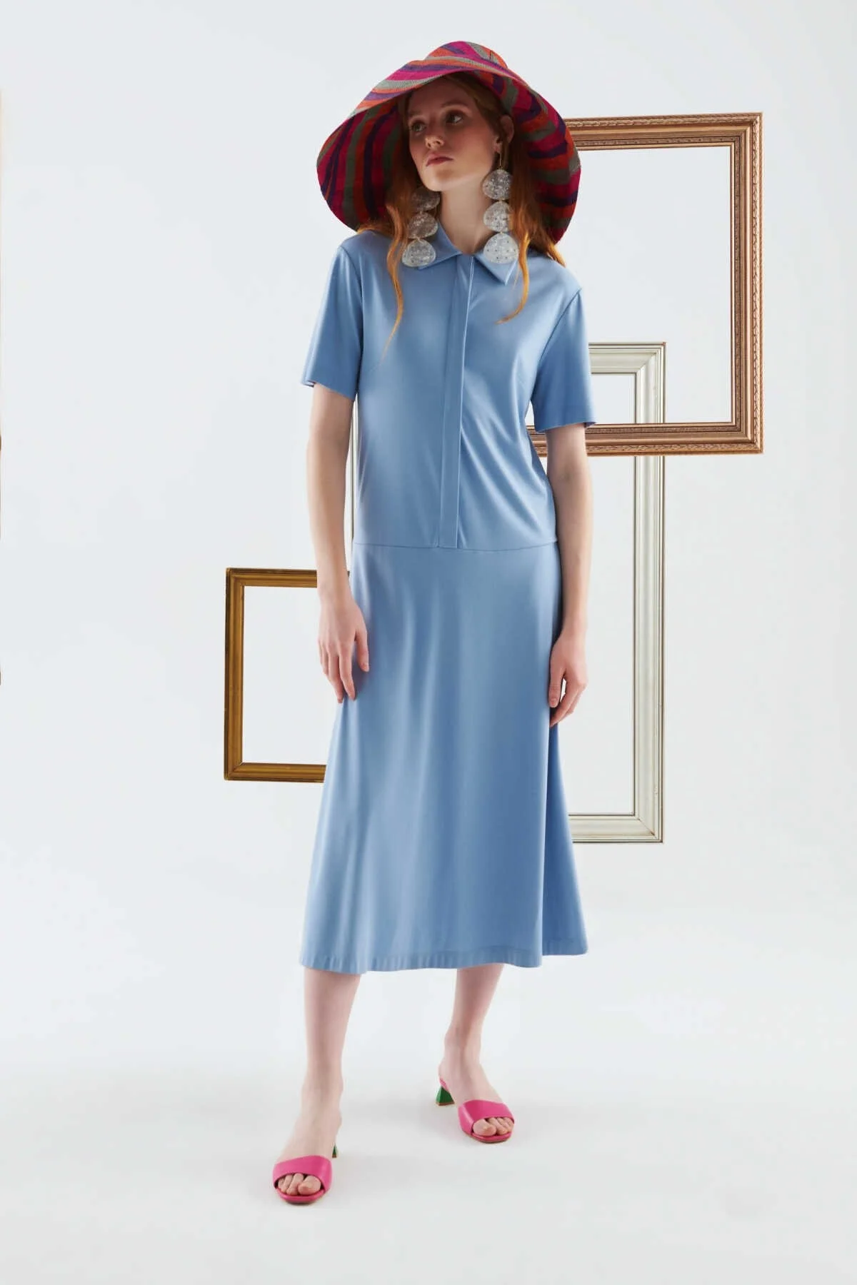 Yakalı Uzun Elbise Mavi - 1