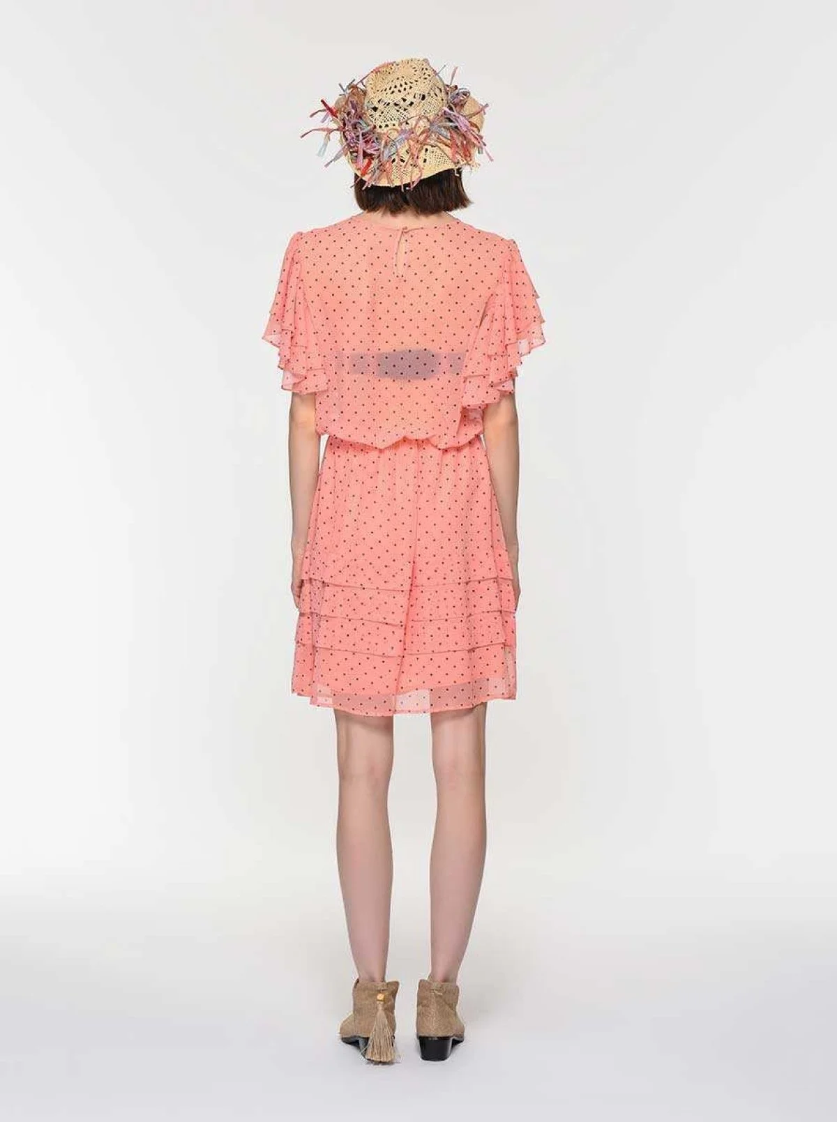 Yakası Etek Ucu Fırfırlıı Puantiyeli Günlük Elbise Pembe - 2