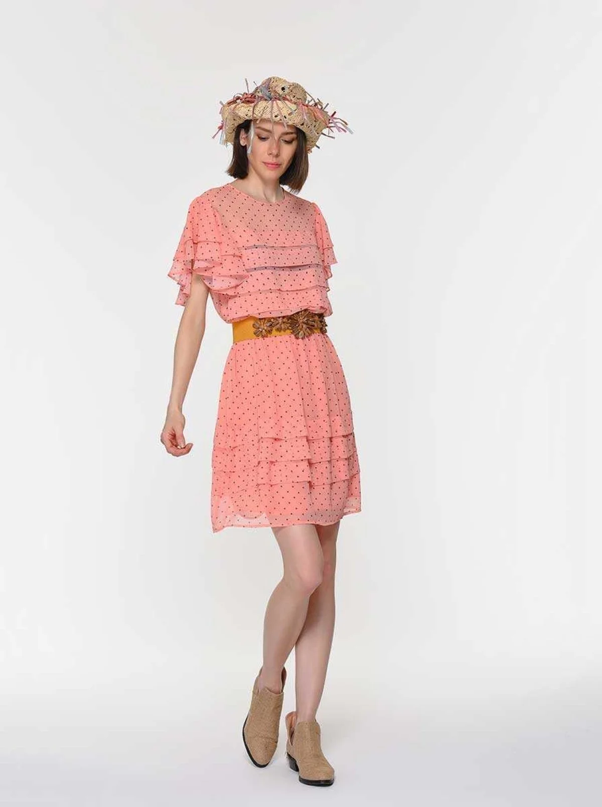 Yakası Etek Ucu Fırfırlıı Puantiyeli Günlük Elbise Pembe - 3