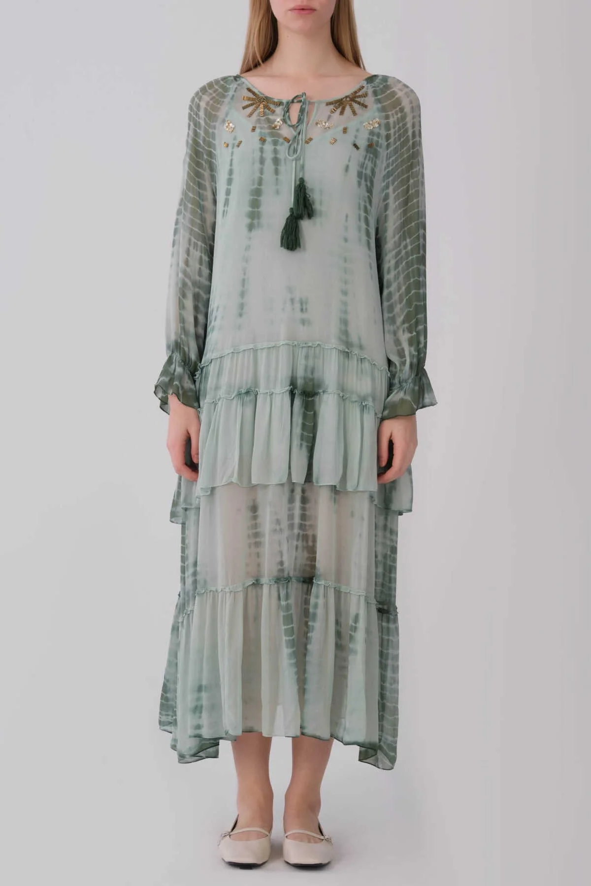 Yakası İşlemeli Otantik Uzun Kadın Elbise Standart Renk - 1