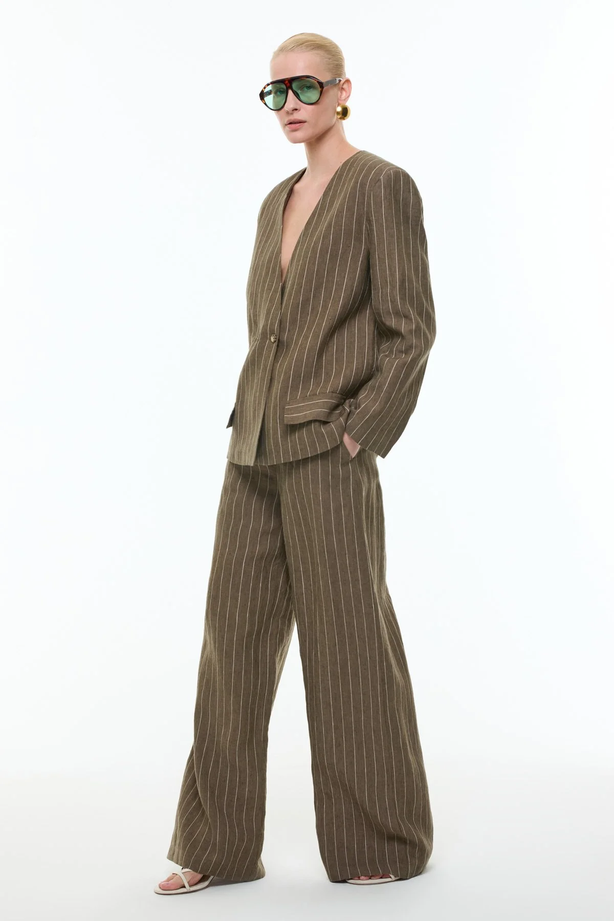 Yakasız Kruvaze Keten Ceket Haki - 5