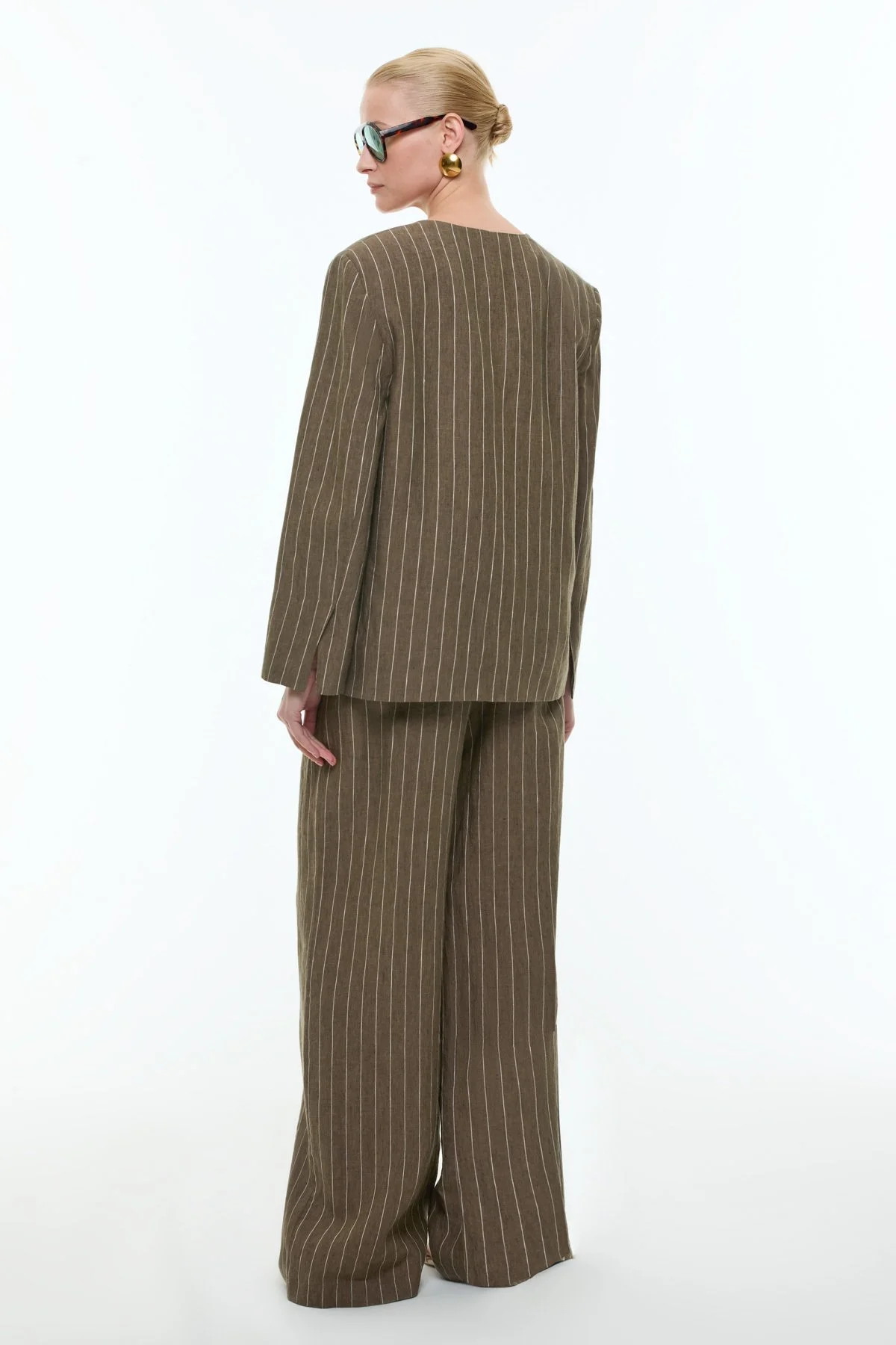 Yakasız Kruvaze Keten Ceket Haki - 2