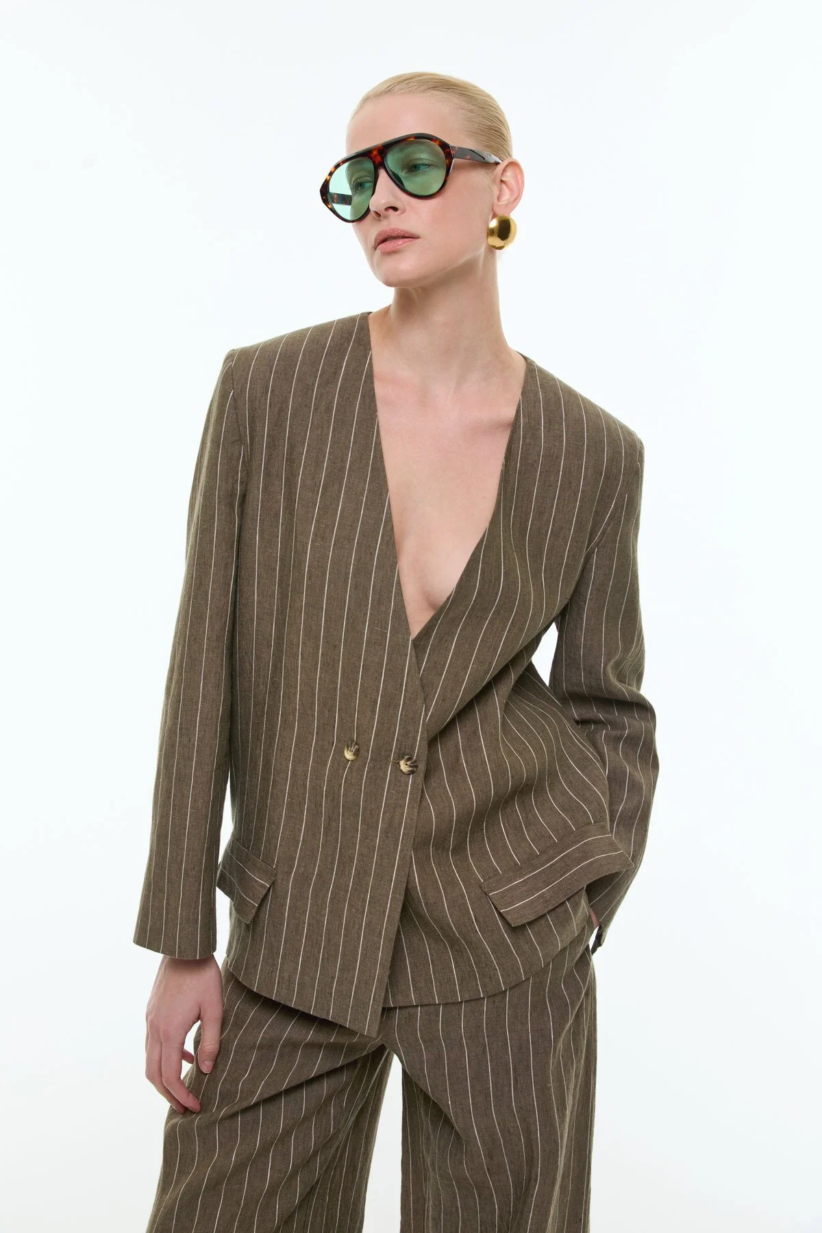 Yakasız Kruvaze Keten Ceket Haki - 1