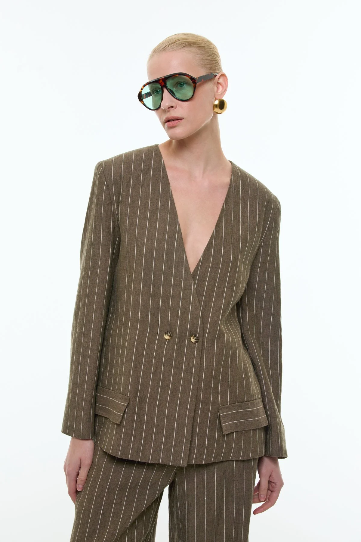 Yakasız Kruvaze Keten Ceket Haki - 4