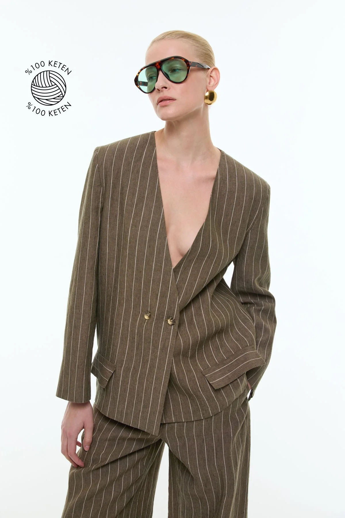 %100 Keten Yakasız Kruvaze Ceket Haki - 1