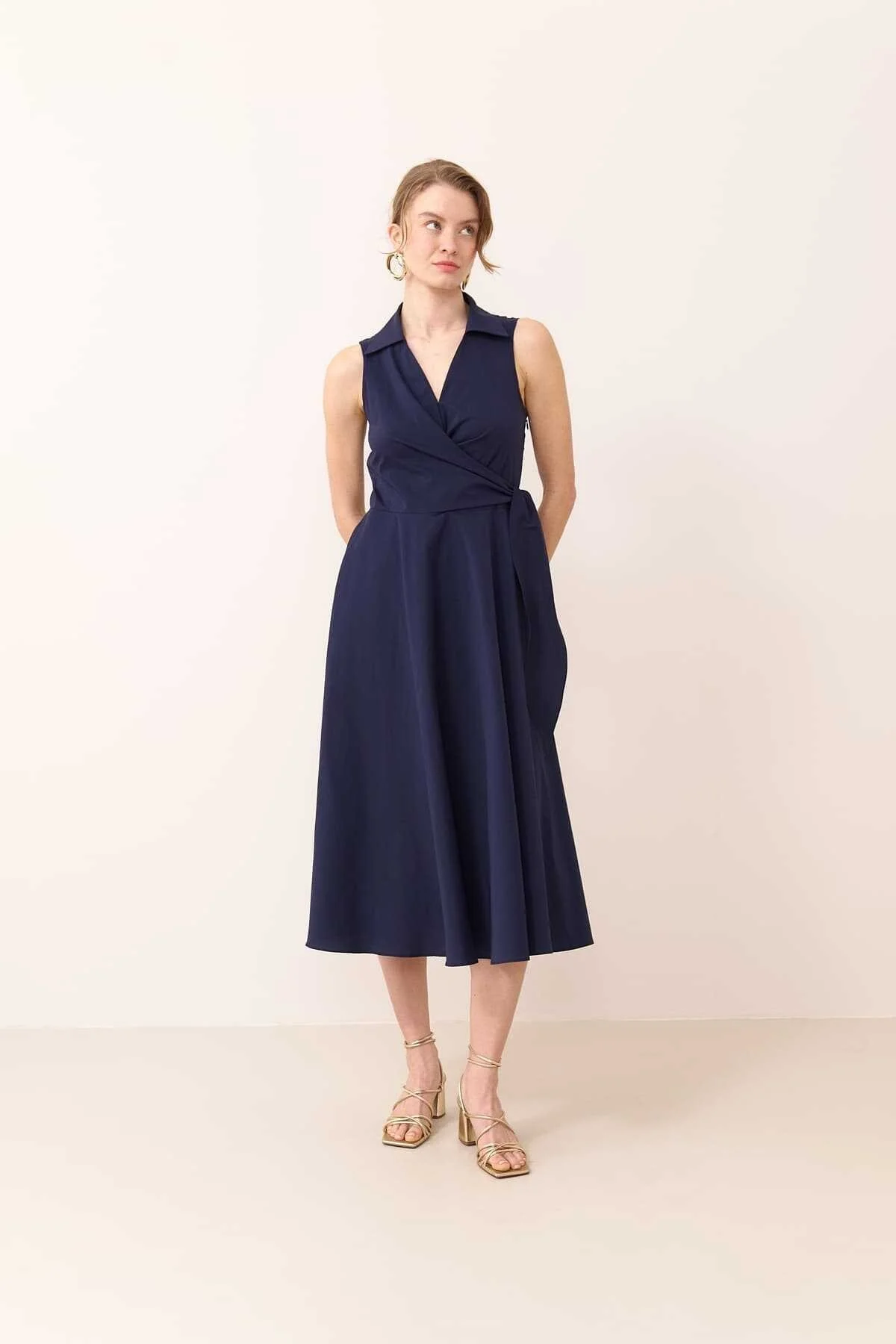 Yandan Bağlamalı Poplin Elbise Lacivert - 1