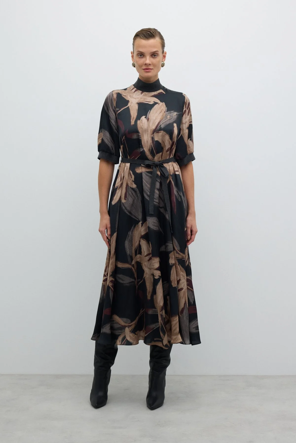 Yarım Balıkçı Beli Bağcıklı Midi Boy Elbise Standart Renk - 1