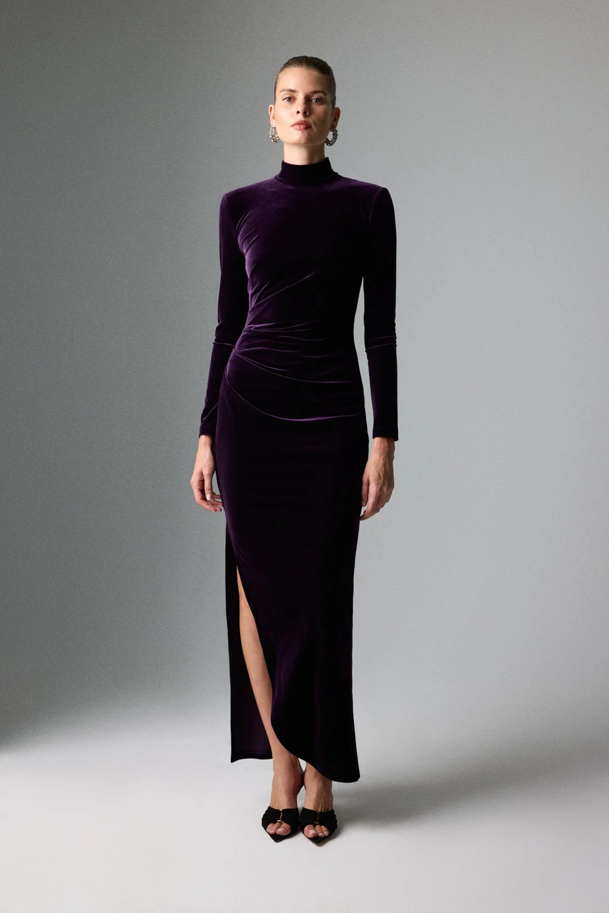 Yarım Balıkçı Yaka Drape ve Yırtmaç Detaylı Midi Boy Elbise Mürdüm - 1