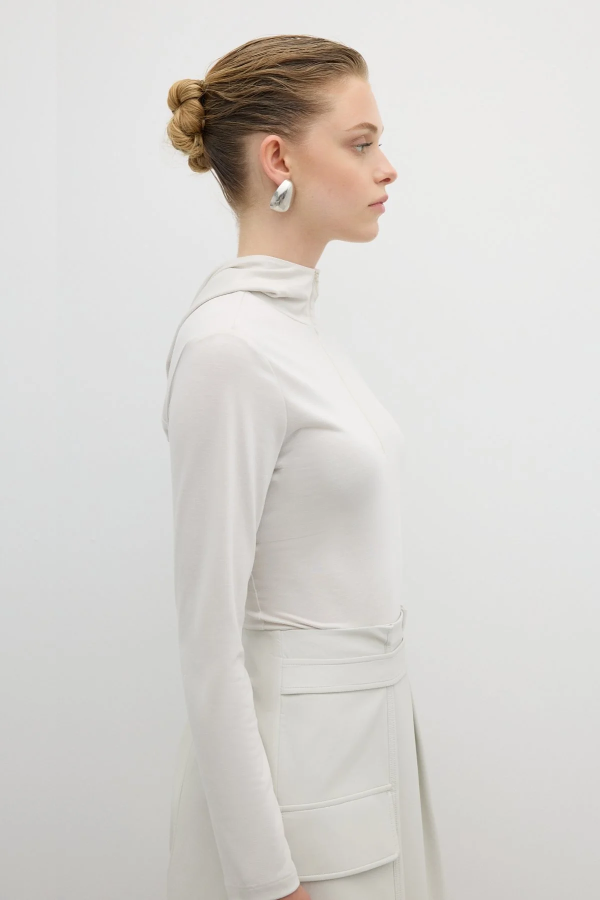 Yarım Fermuarlı Kapüşonlu Bodysuit Taş - 3