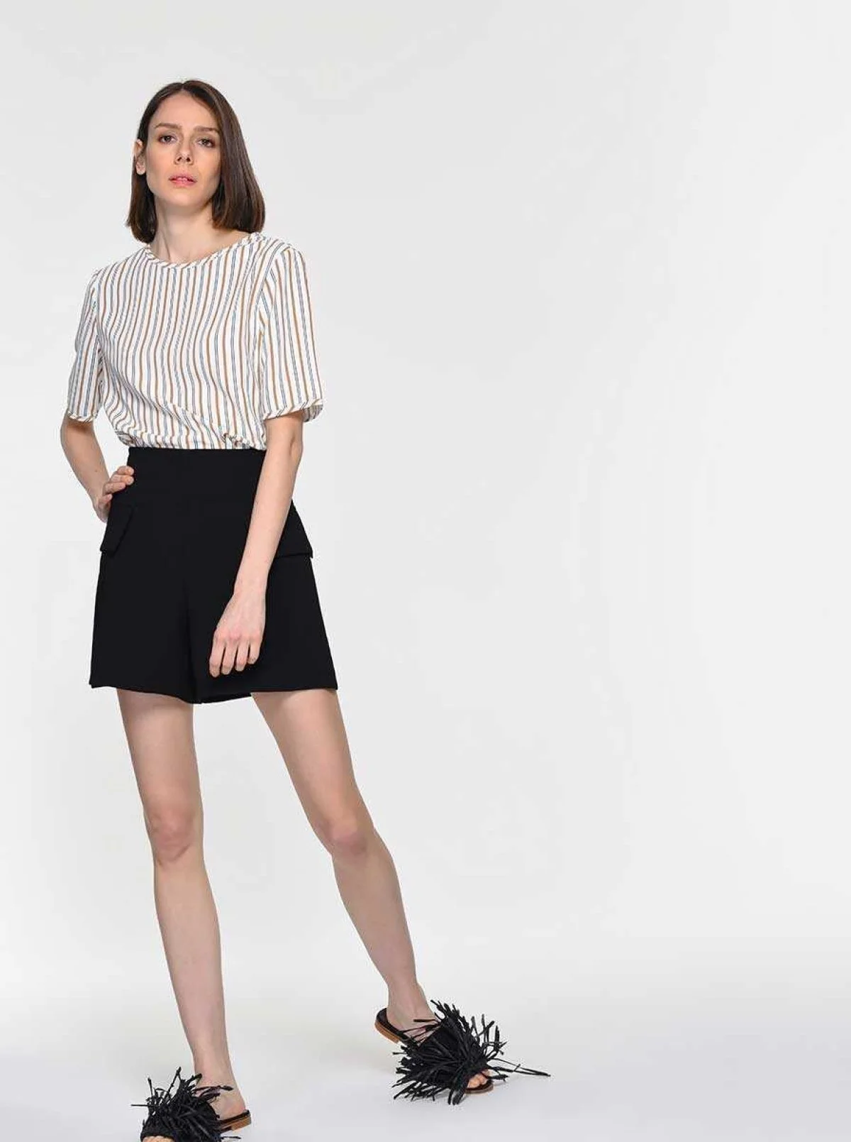 Yarım Kollu Çizgili Bluz Standart Renk - 1