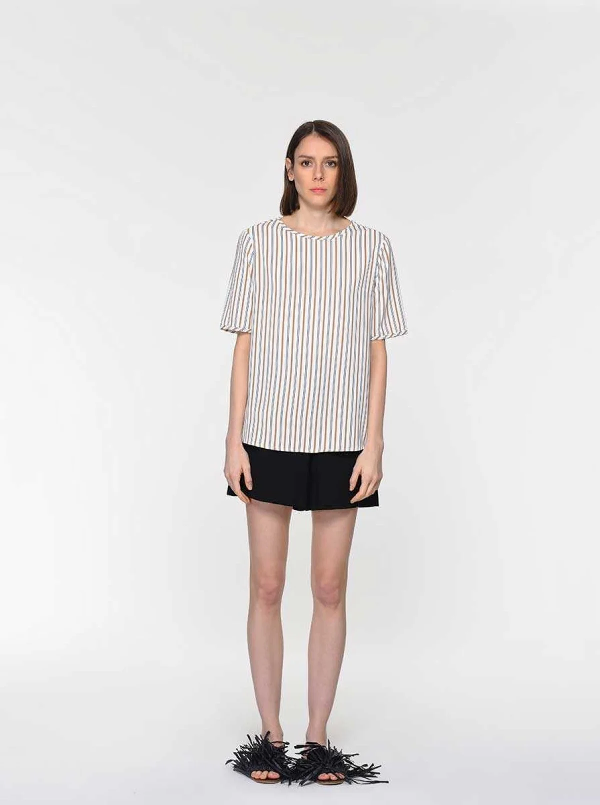 Yarım Kollu Çizgili Bluz Standart Renk - 3