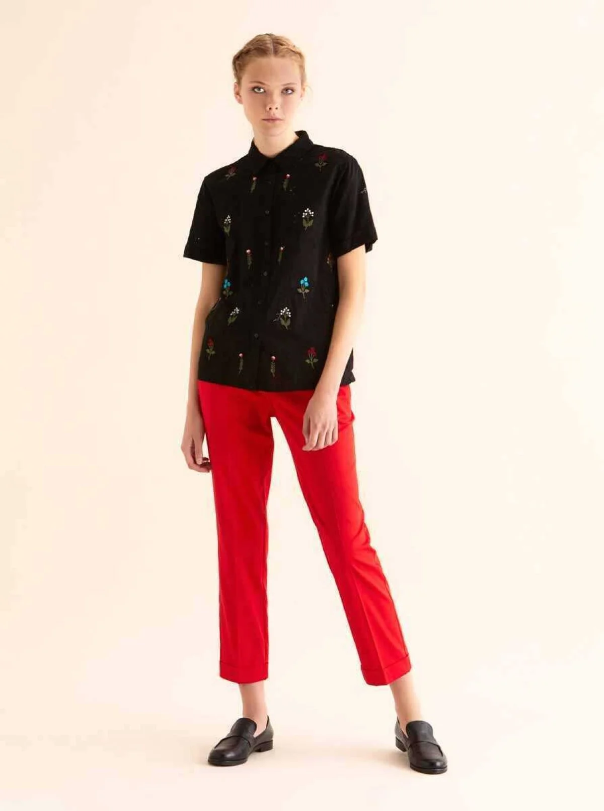 Yarım Kollu Desenli Kadın Gömlek Siyah - 1