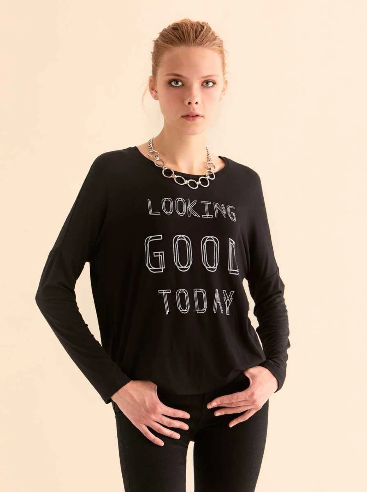 Yazılı Uzun Kol T-Shirt Siyah - 1