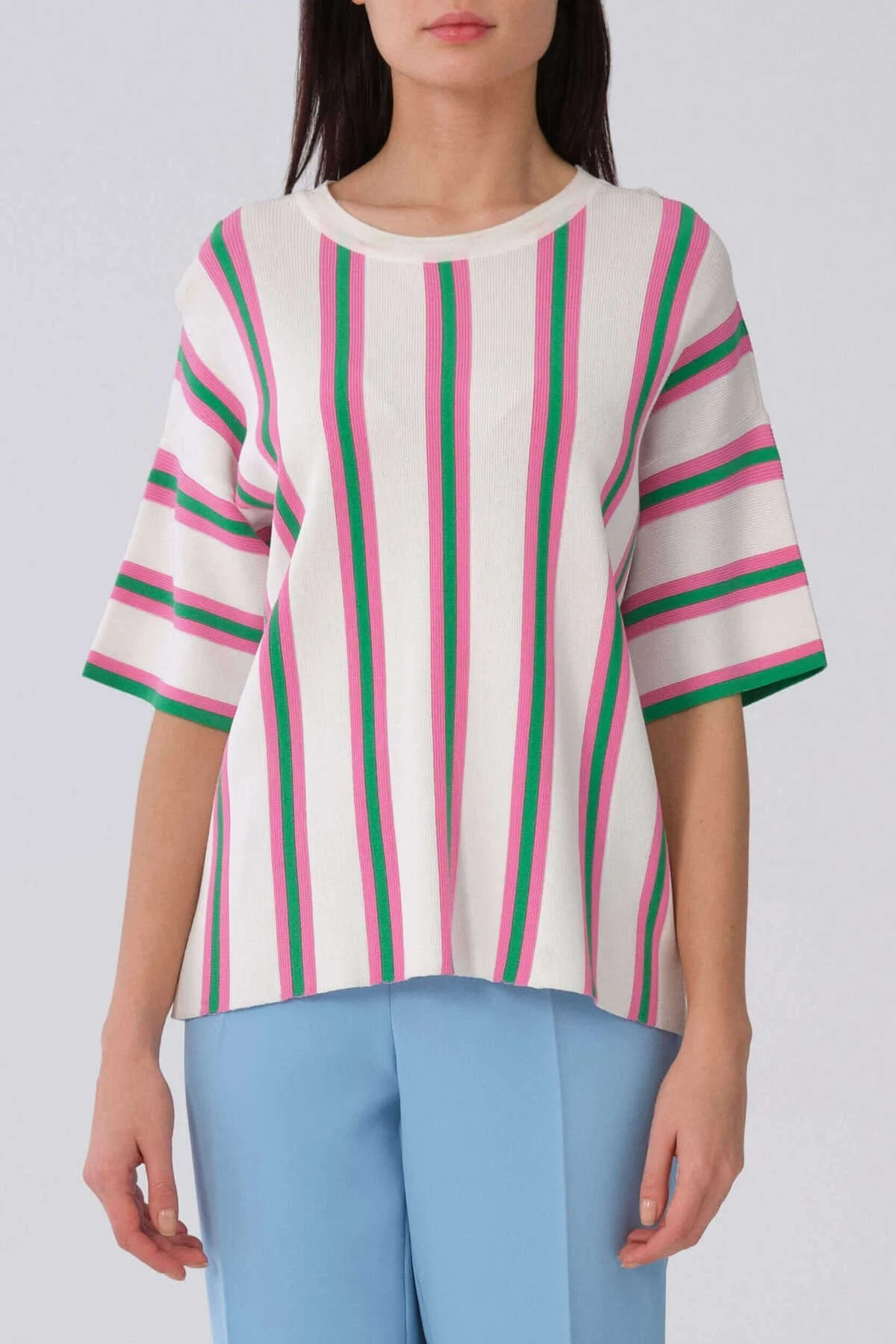 Yeşil Pembe Çizgi Detaylı Triko Standart Renk - 1