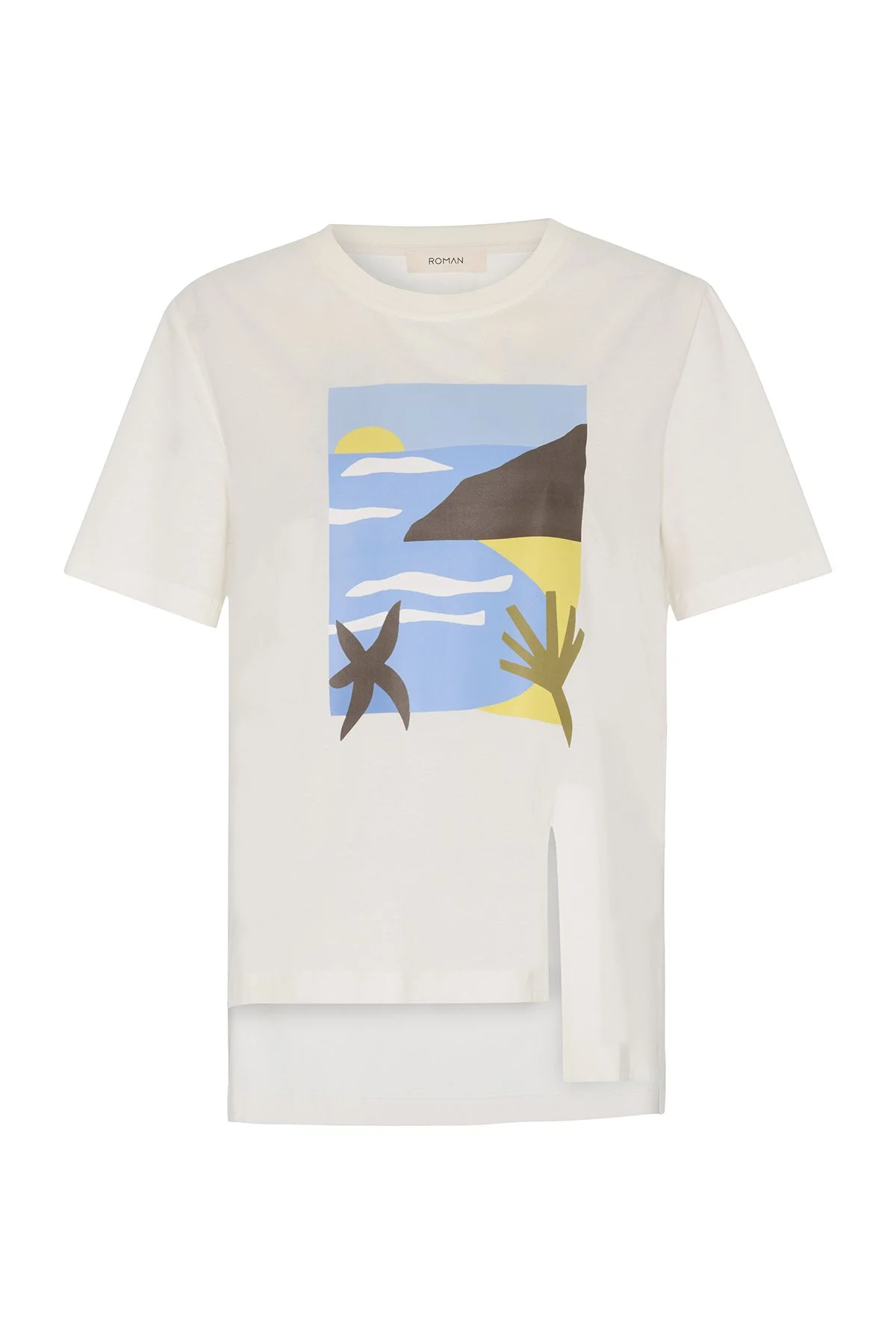 Yırtmaç Detaylı Baskılı T-shirt Ekru - 1