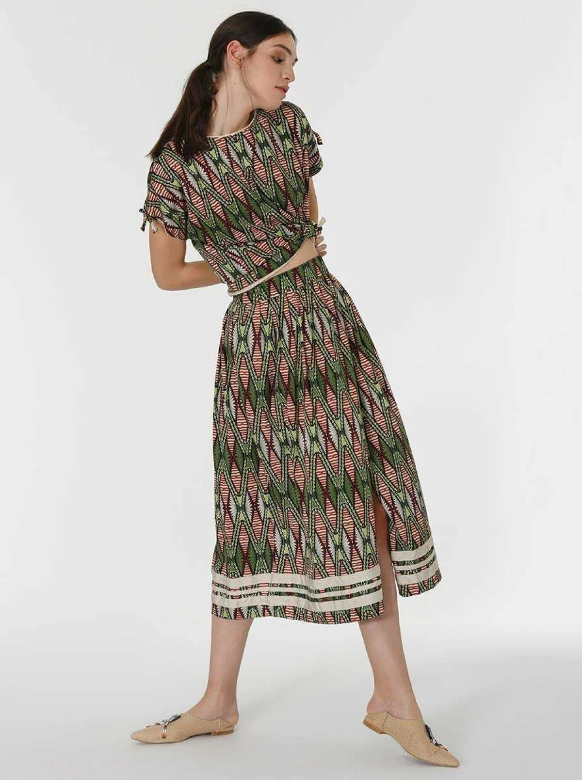 Yırtmaç Detaylı Desenli Midi Etek Standart Renk - 3