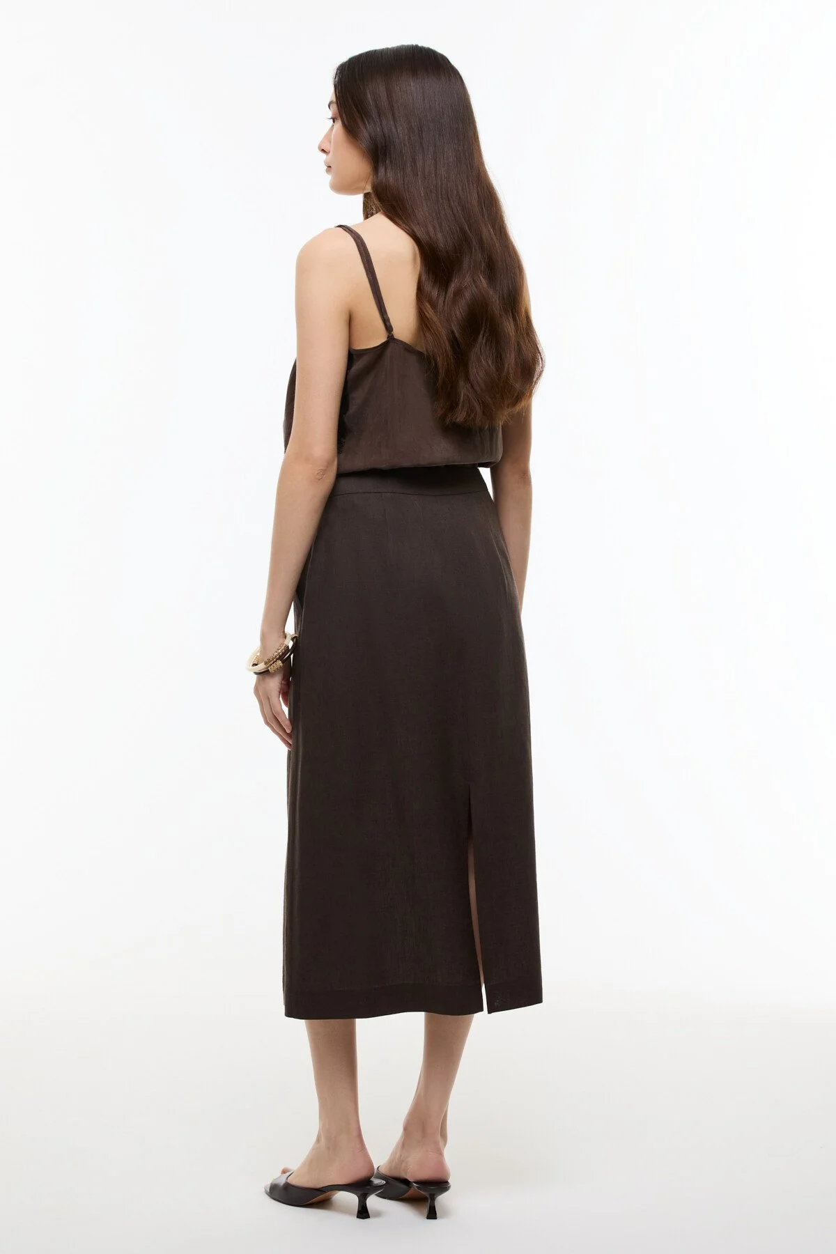 Yırtmaç Detaylı Keten Midi Etek Kahve - 2