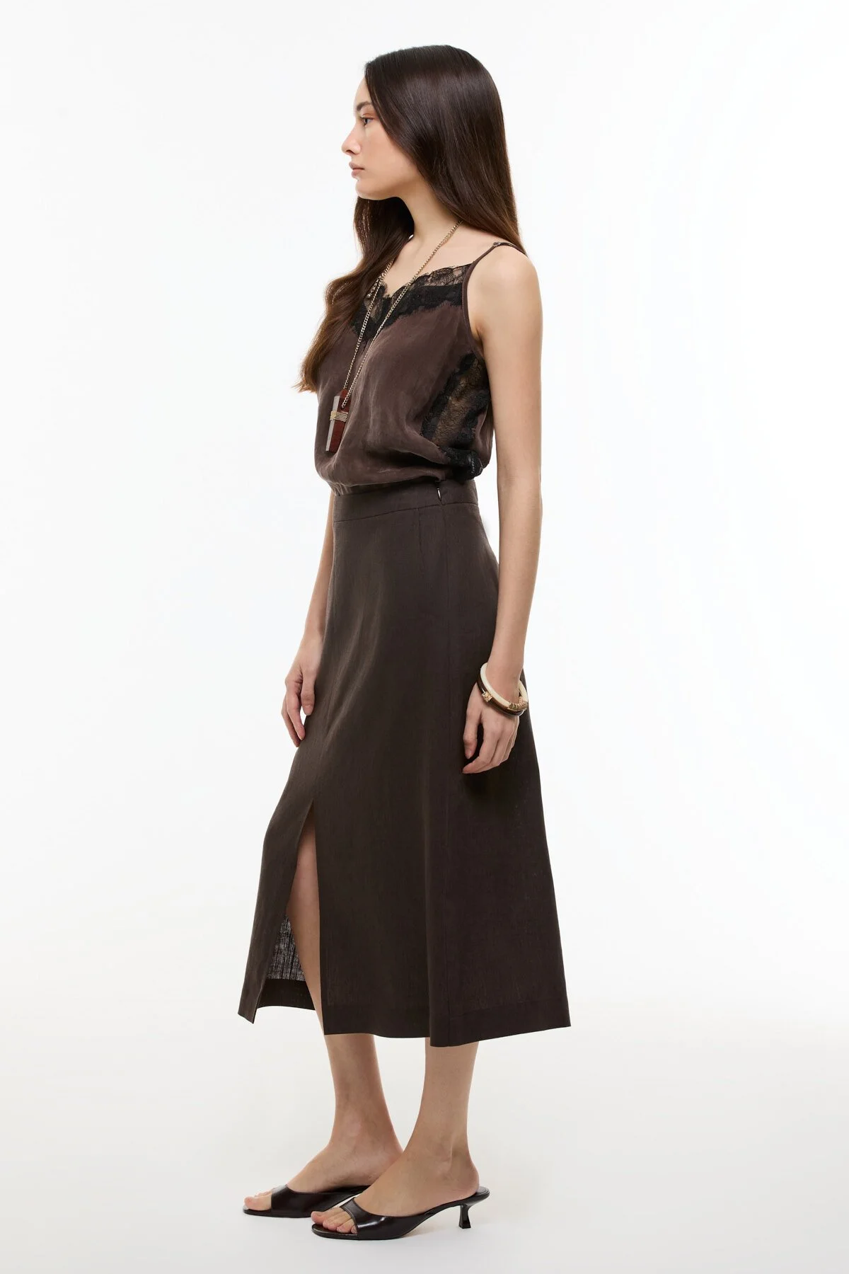 Yırtmaç Detaylı Keten Midi Etek Kahve - 3