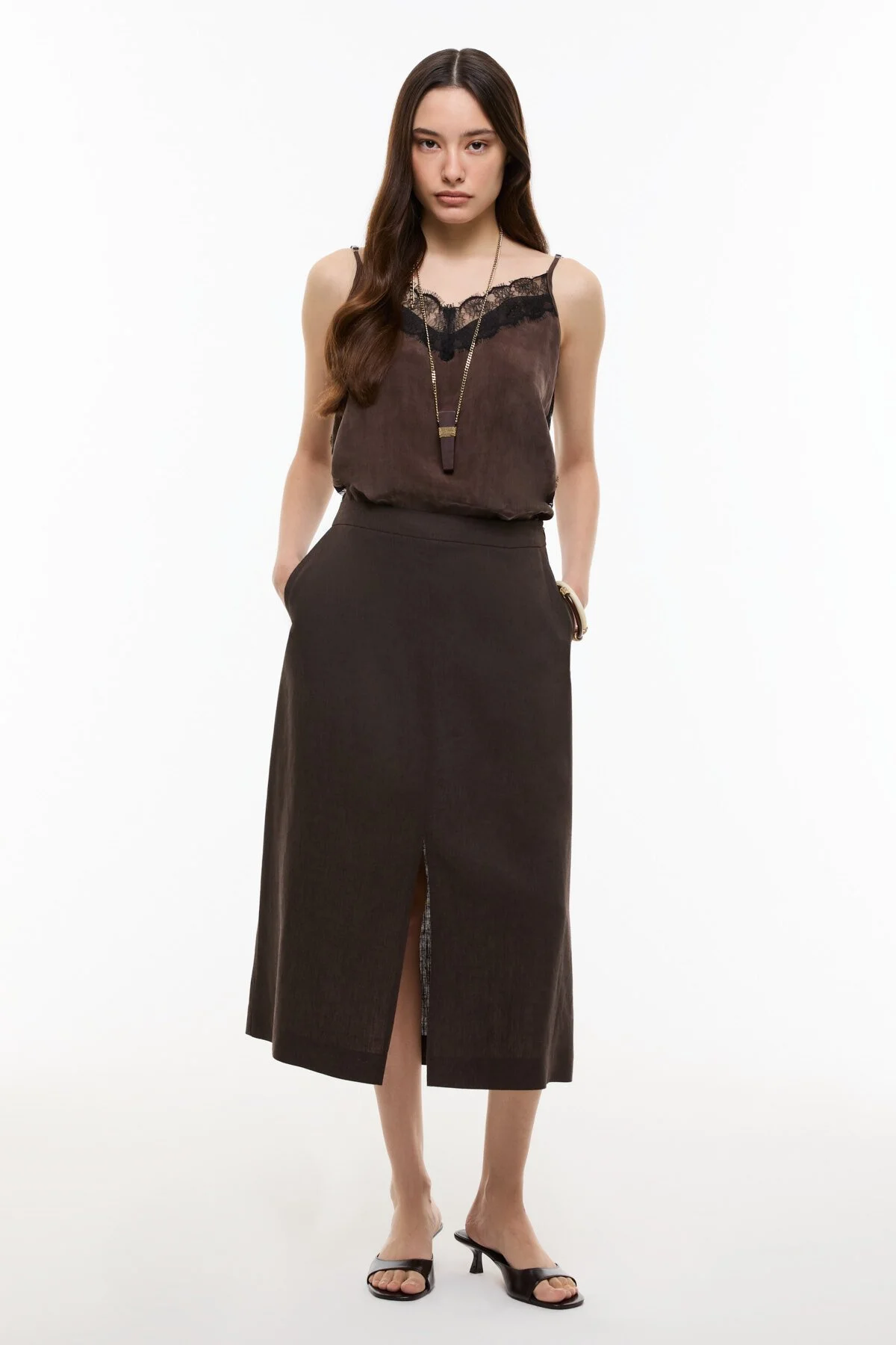 Yırtmaç Detaylı Keten Midi Etek Kahve - 1