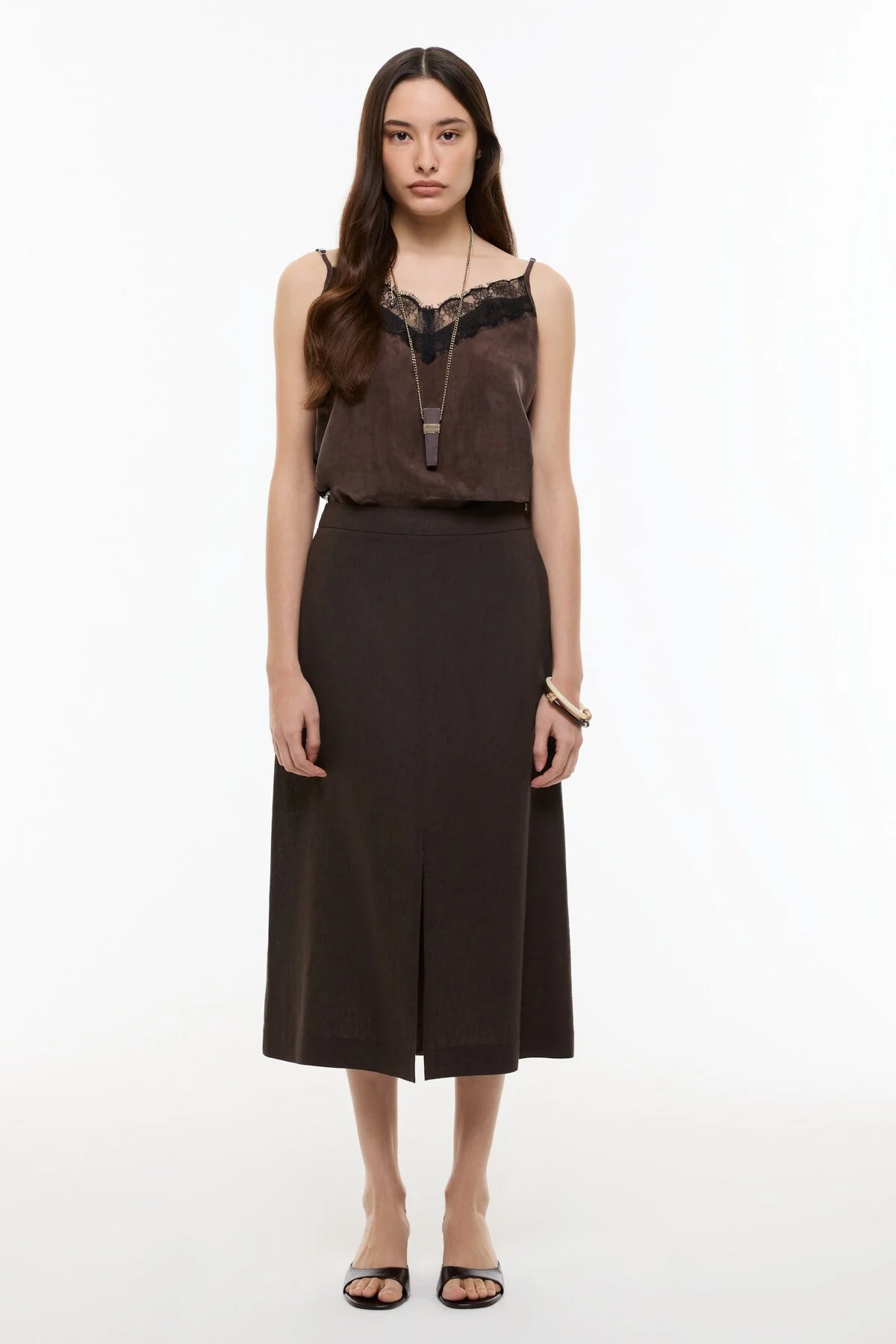 Yırtmaç Detaylı Keten Midi Etek Kahve - 4