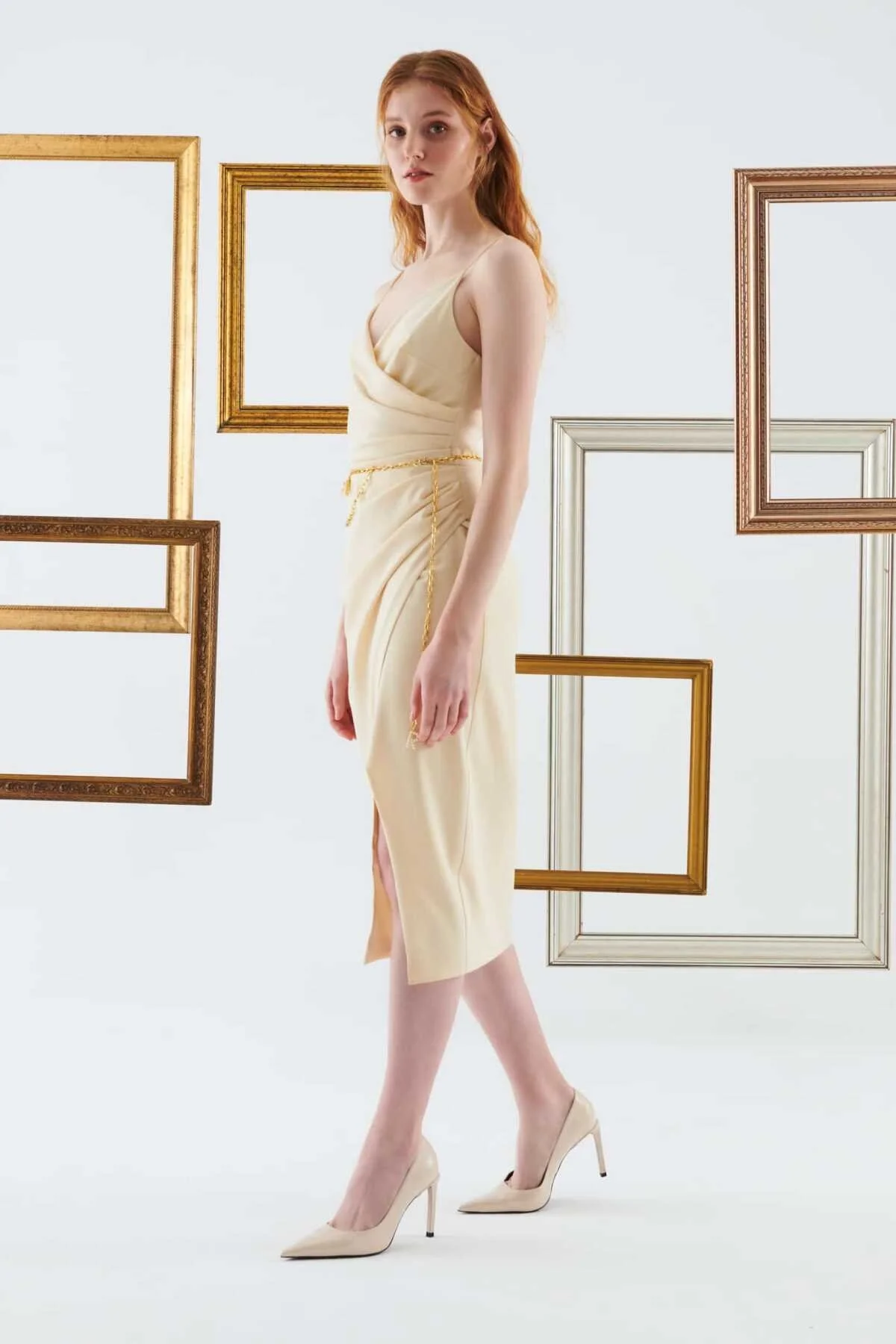 Yırtmaçlı Askılı Abiye Elbise Vanilya - 3