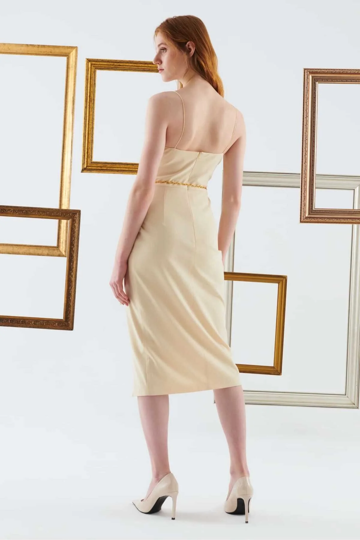 Yırtmaçlı Askılı Abiye Elbise Vanilya - 2