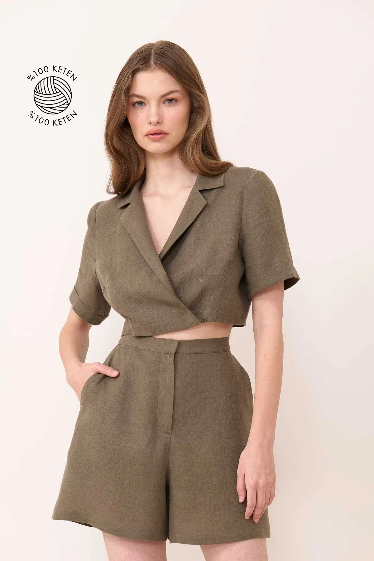 Yüksek Bel Keten Şort Haki - 1