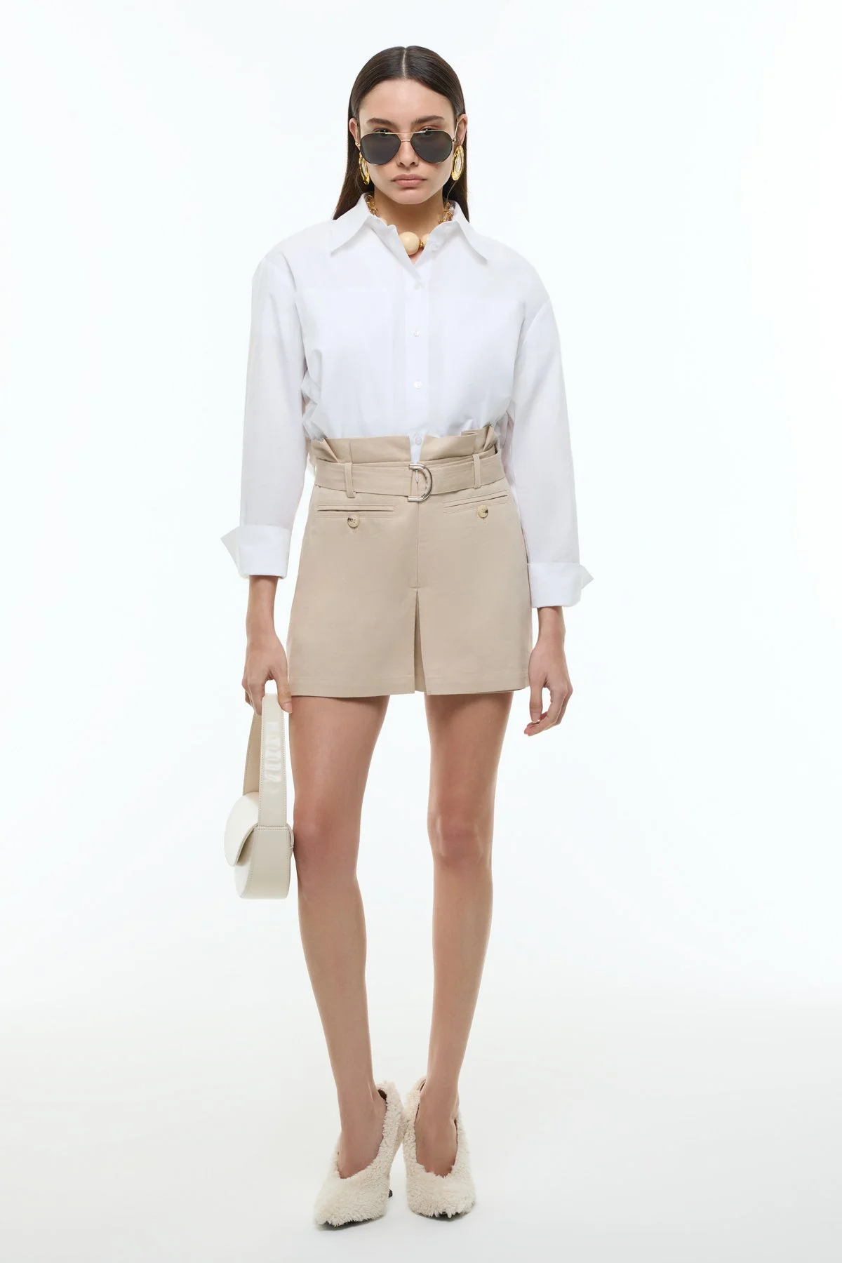 Yüksek Bel Pili ve Kemer Detaylı Şort Etek Bej - 1