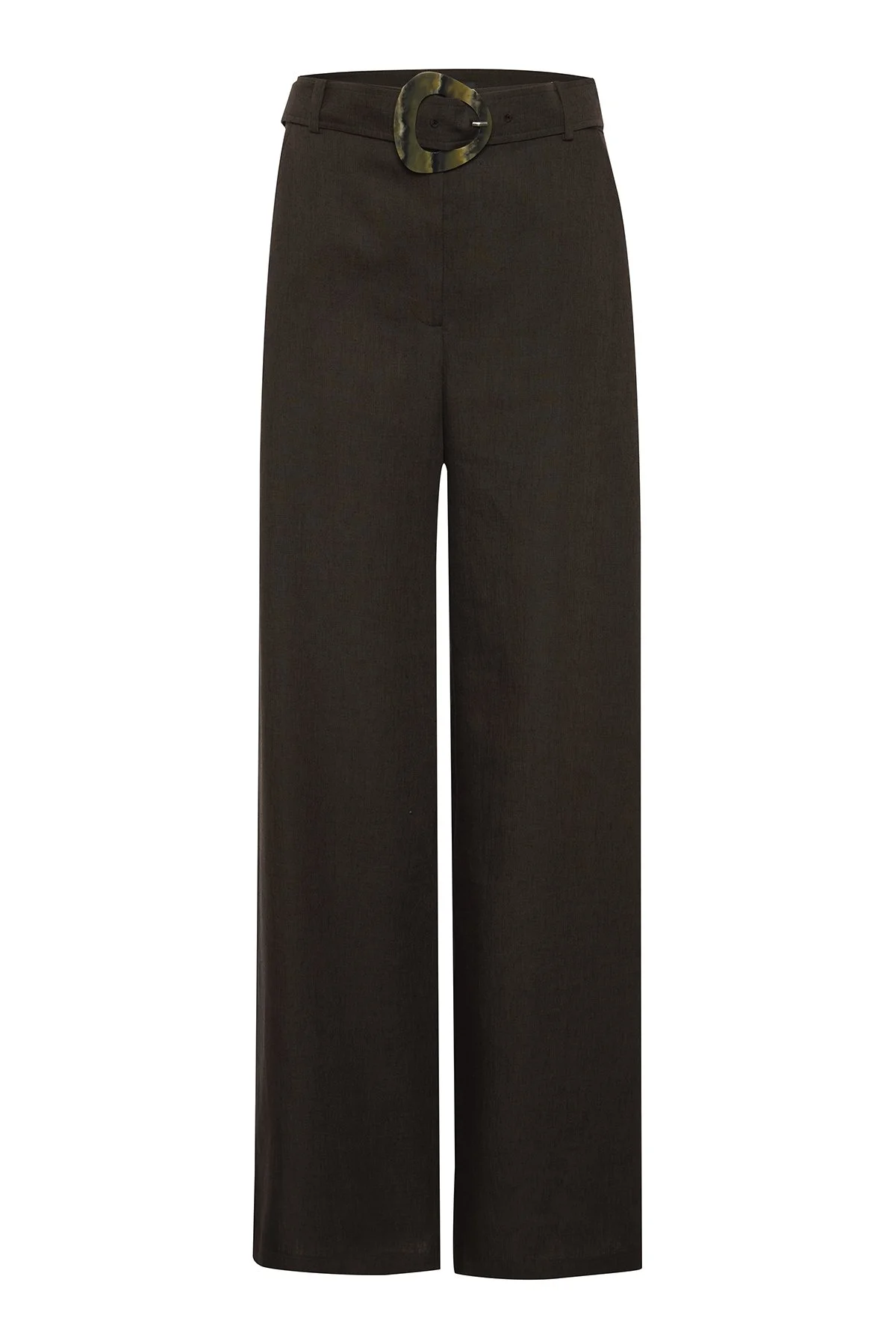 Yüksel Bel Geniş Paça Kemer Detaylı Keten Pantolon Kahve - 5