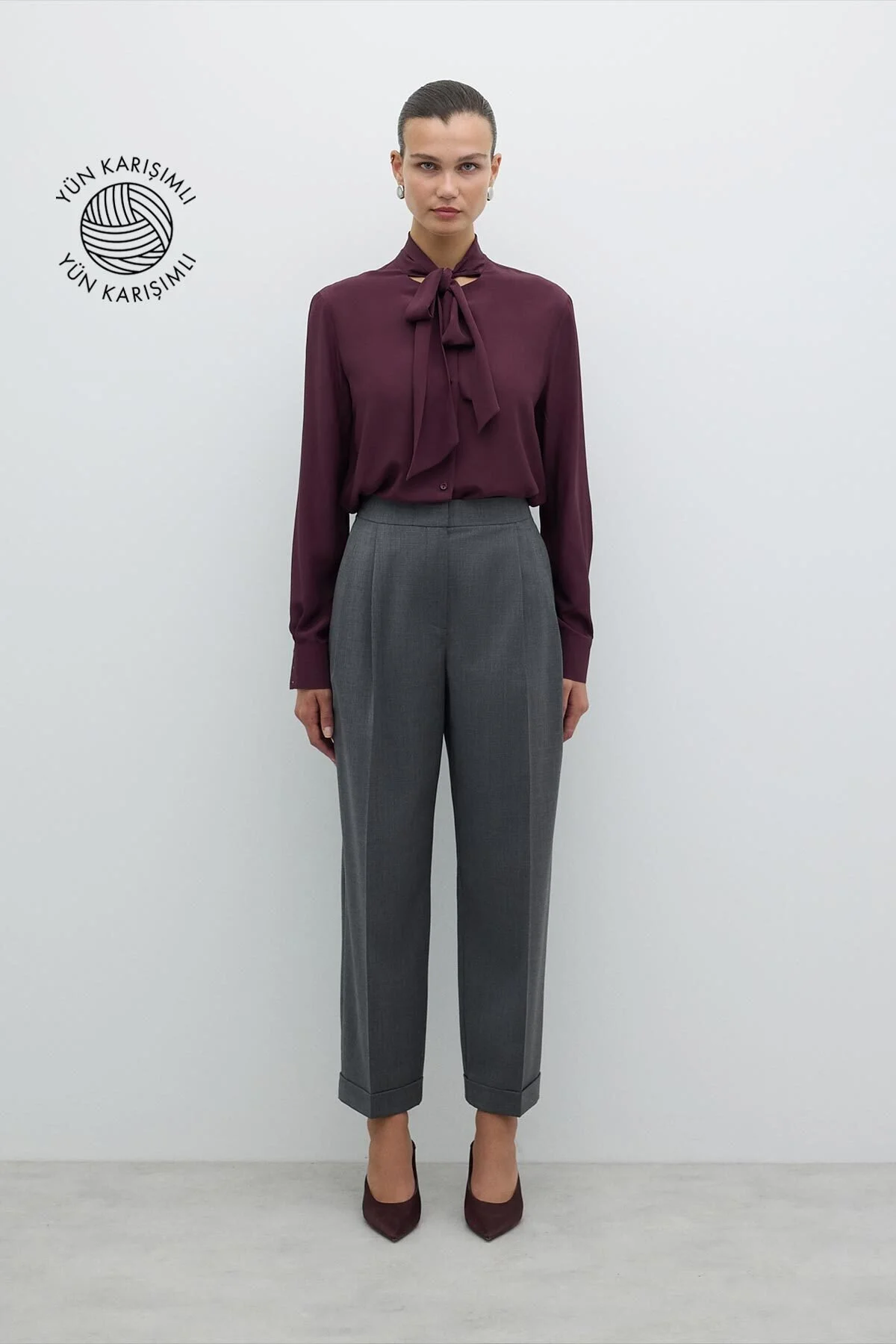 Yün Double Paça Çift Pileli Havuç Pantolon Gri - 1