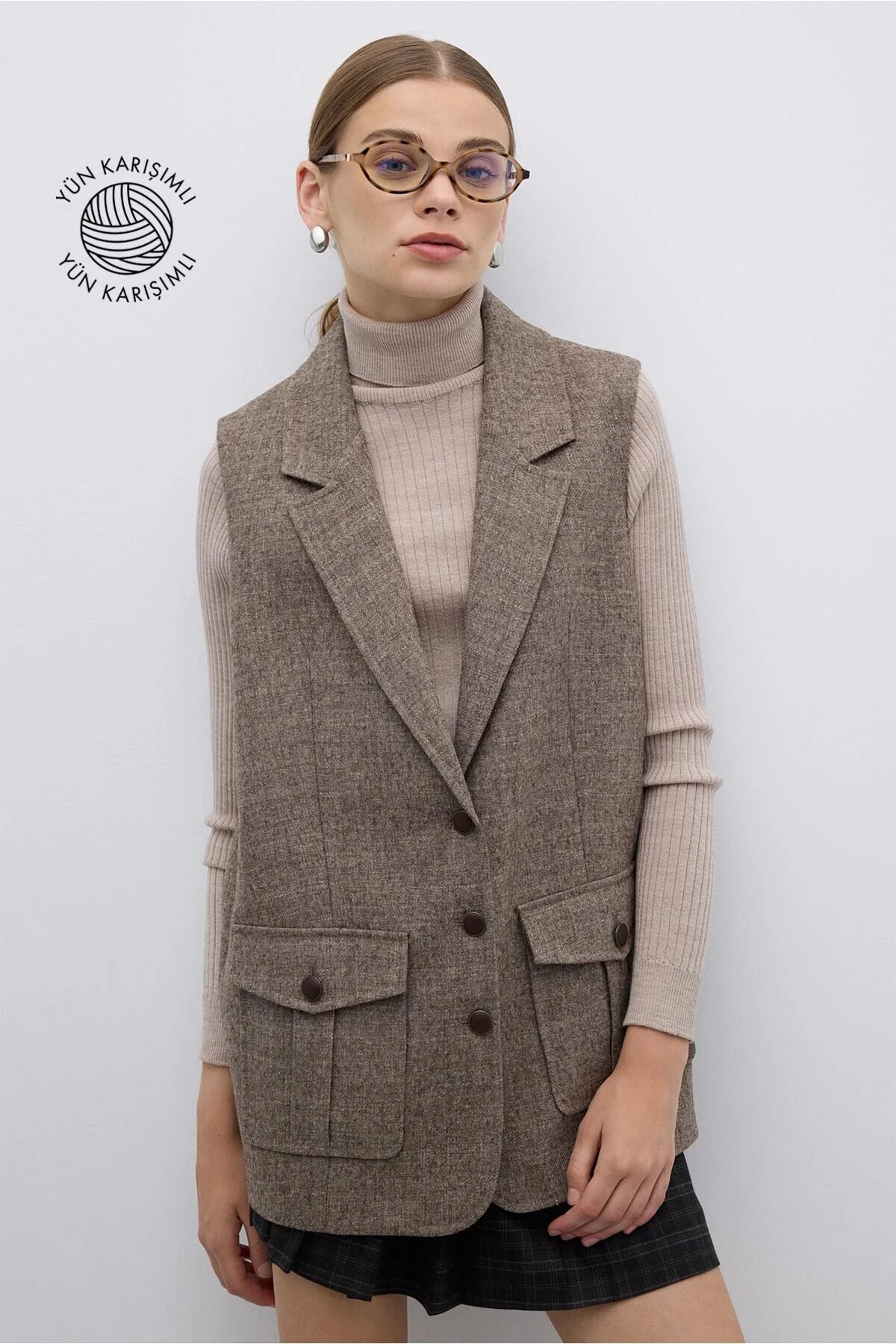 Yün Karışımlı Çift Cepli Yelek Kahve - 1